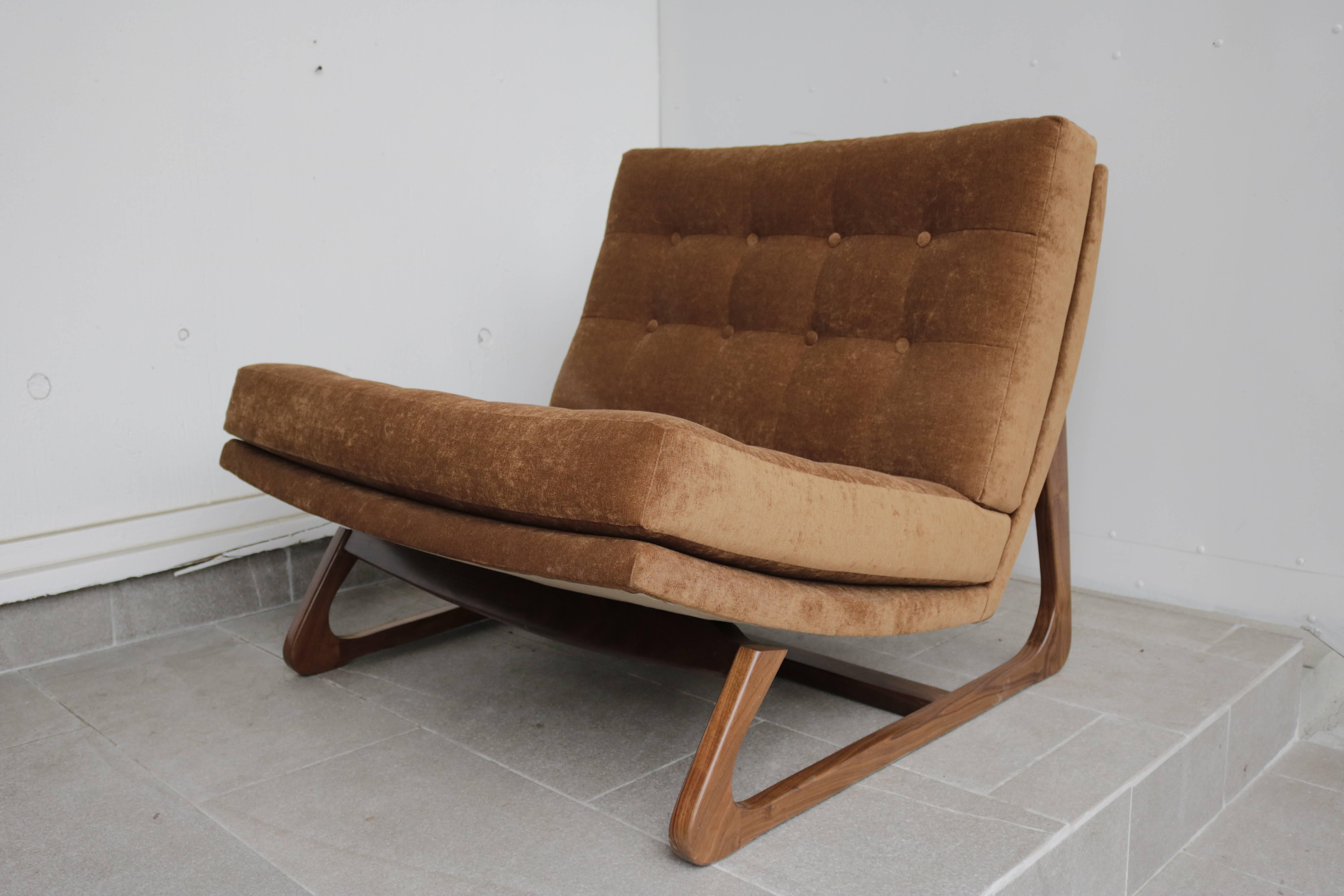 1960s Adrian Pearsall slipper chair with a sculptural teak base and tufted seat and back. Reupholstered in caramel tone chenille. Seat height is 12.5