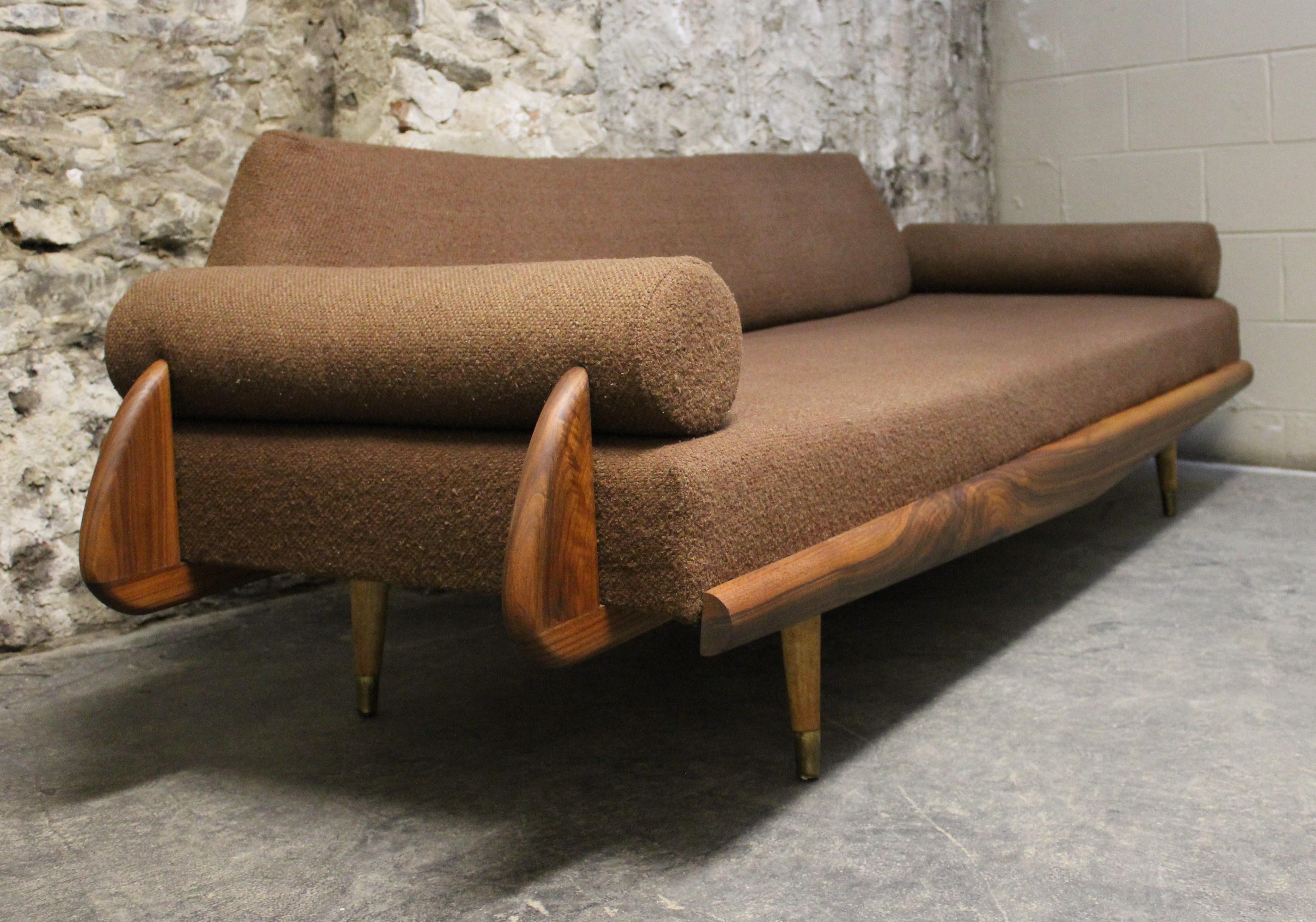 Stunning Adrian Pearsall sofa for craft associates. Walnut accents are in great condition with beautiful wood grain showing.  The upholstery is vintage and probably original.  Shows very little wear with no damage.  