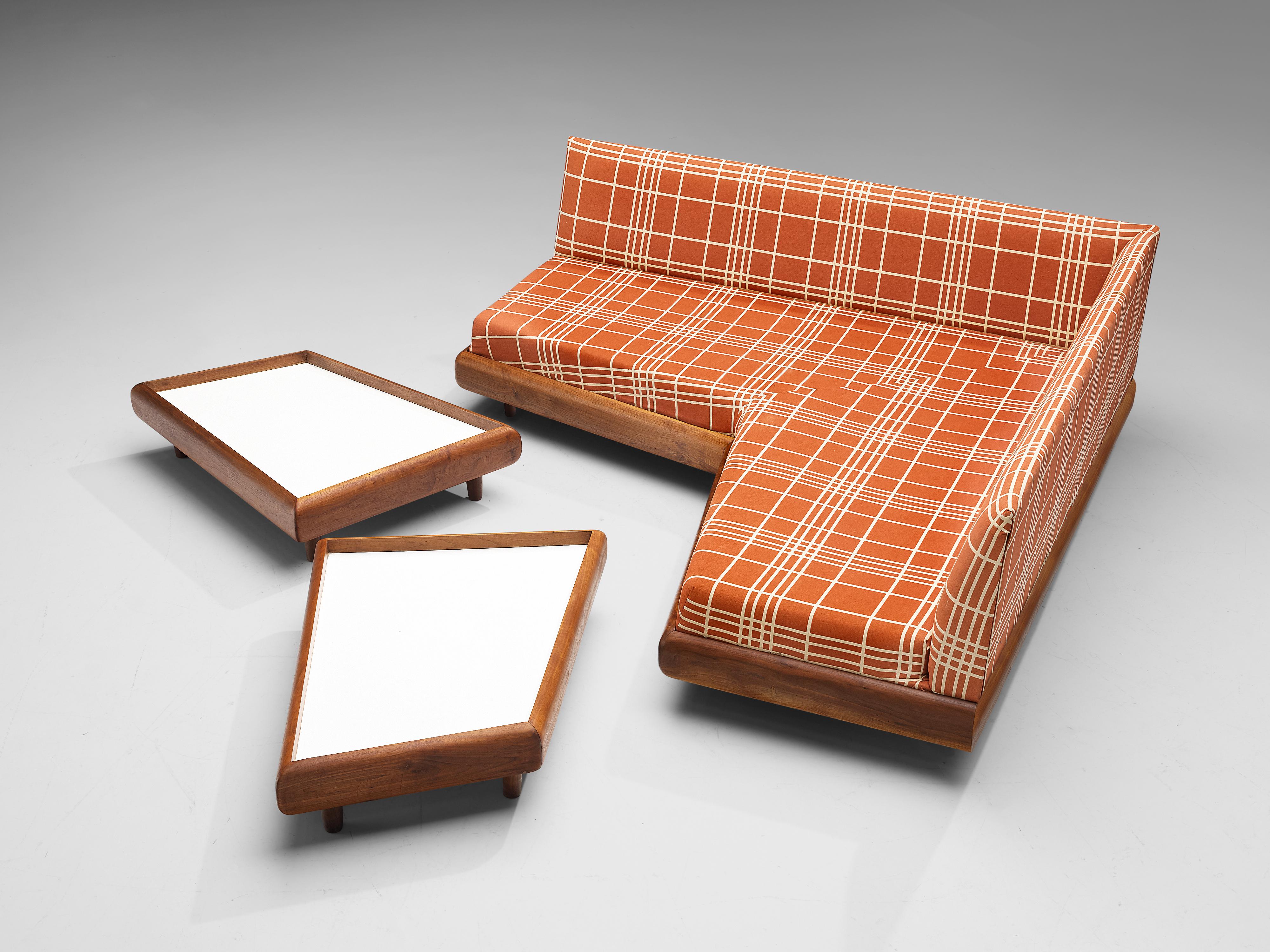 Adrian Pearsall Sofa in Checkered Upholstery with Side Tables 1