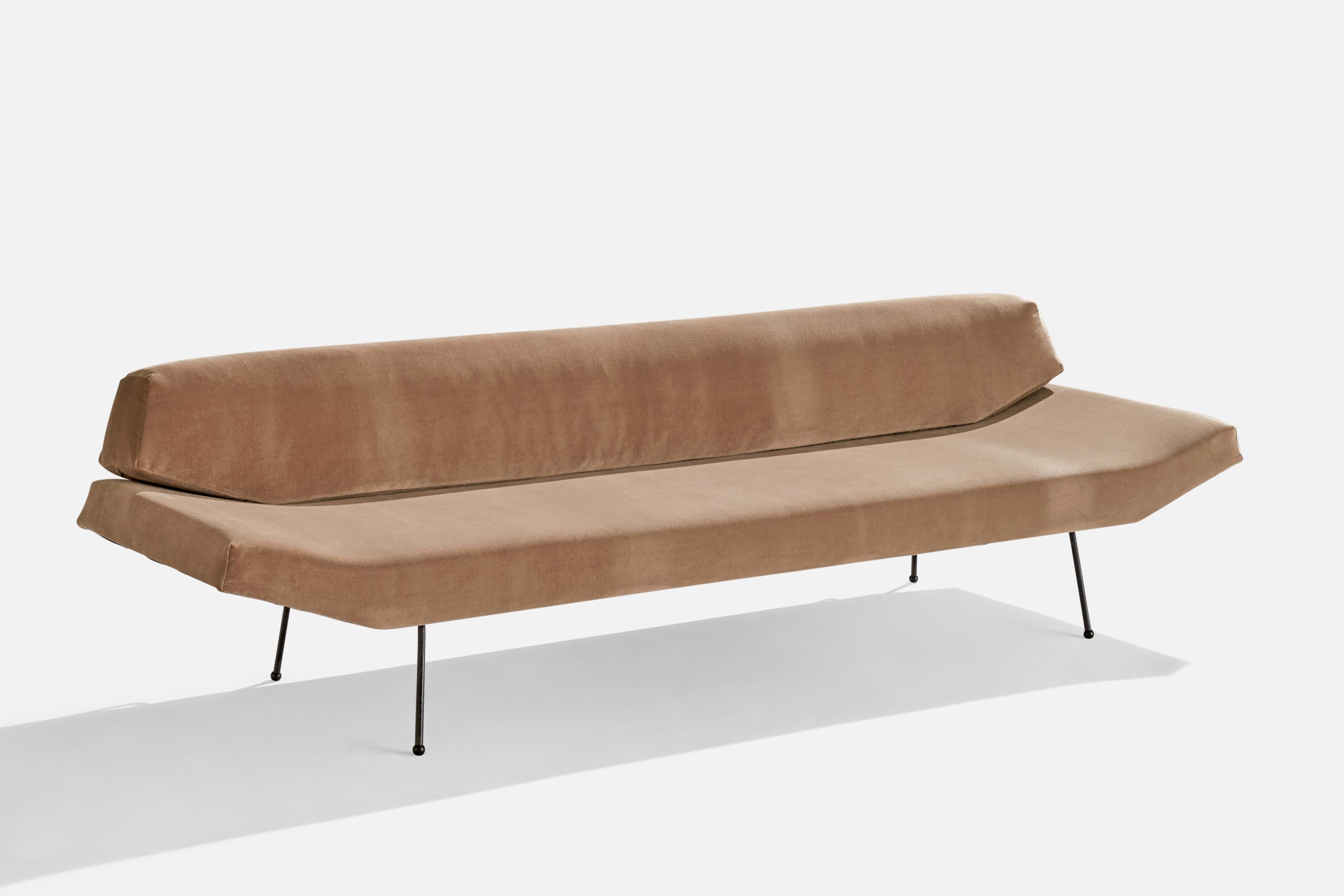 A black-painted iron and brown velvet sofa designed and produced in the US, c. 1950s.

Seat height: 16