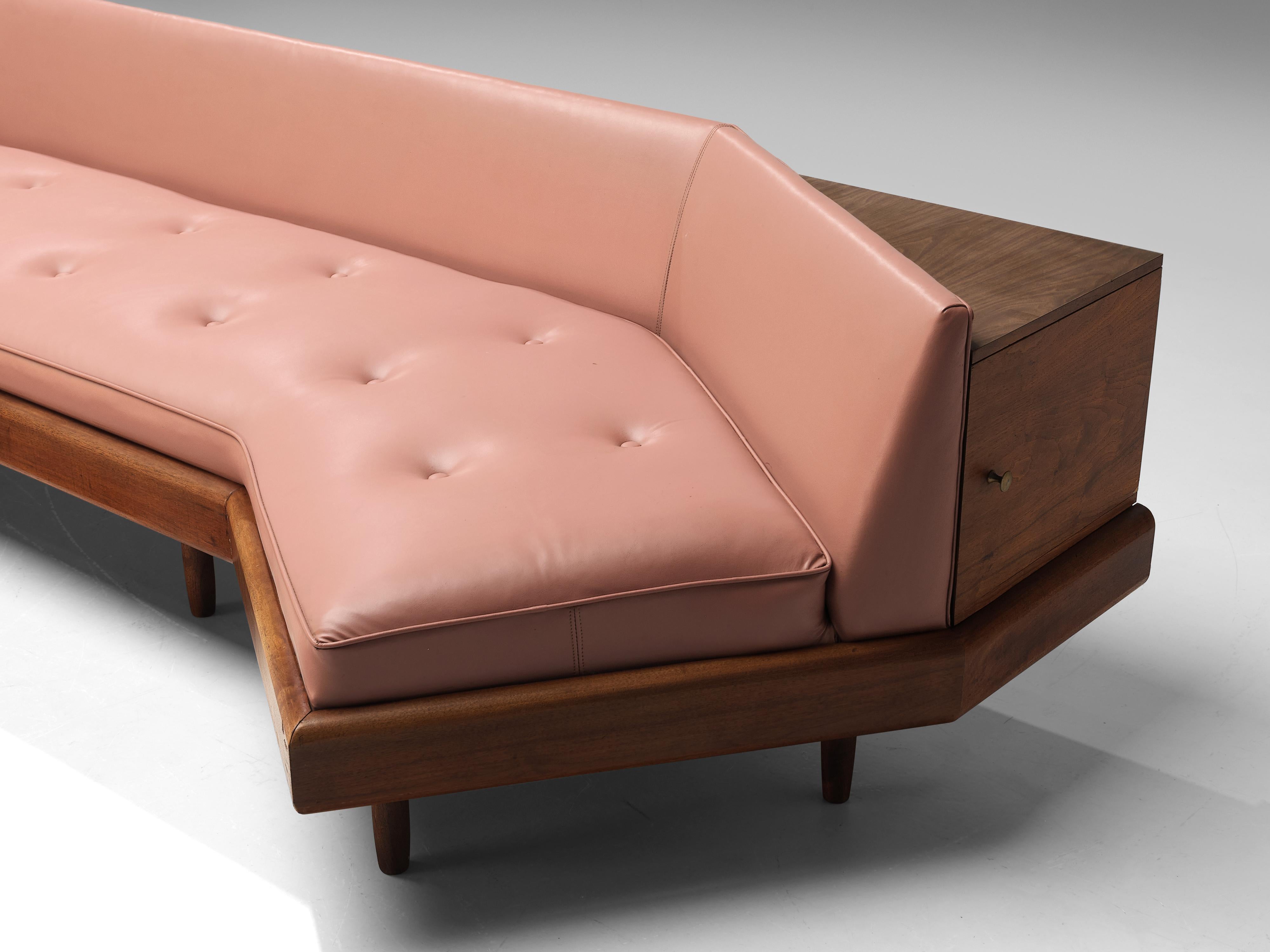 Mid-Century Modern Adrian Pearsall Sofa in Walnut and Rose Leatherette  For Sale
