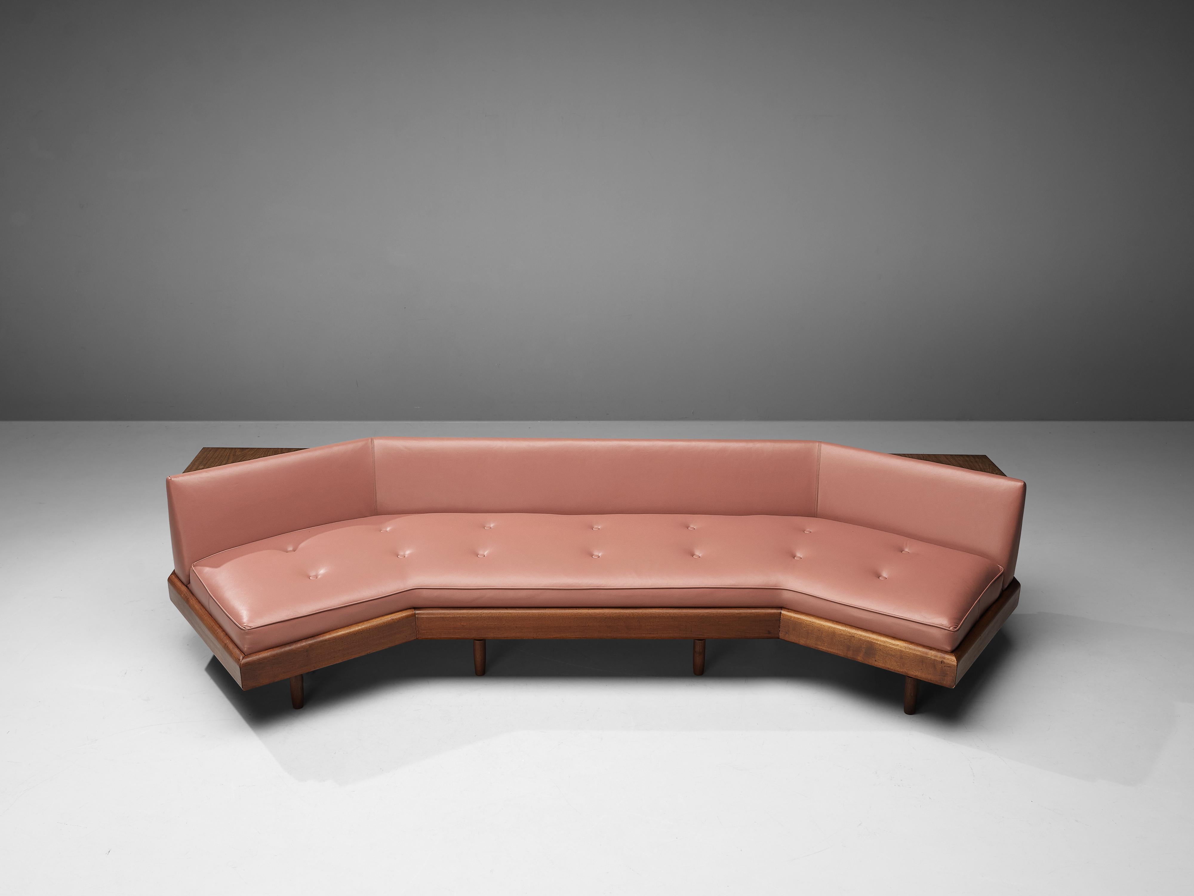 American Adrian Pearsall Sofa in Walnut and Rose Leatherette  For Sale
