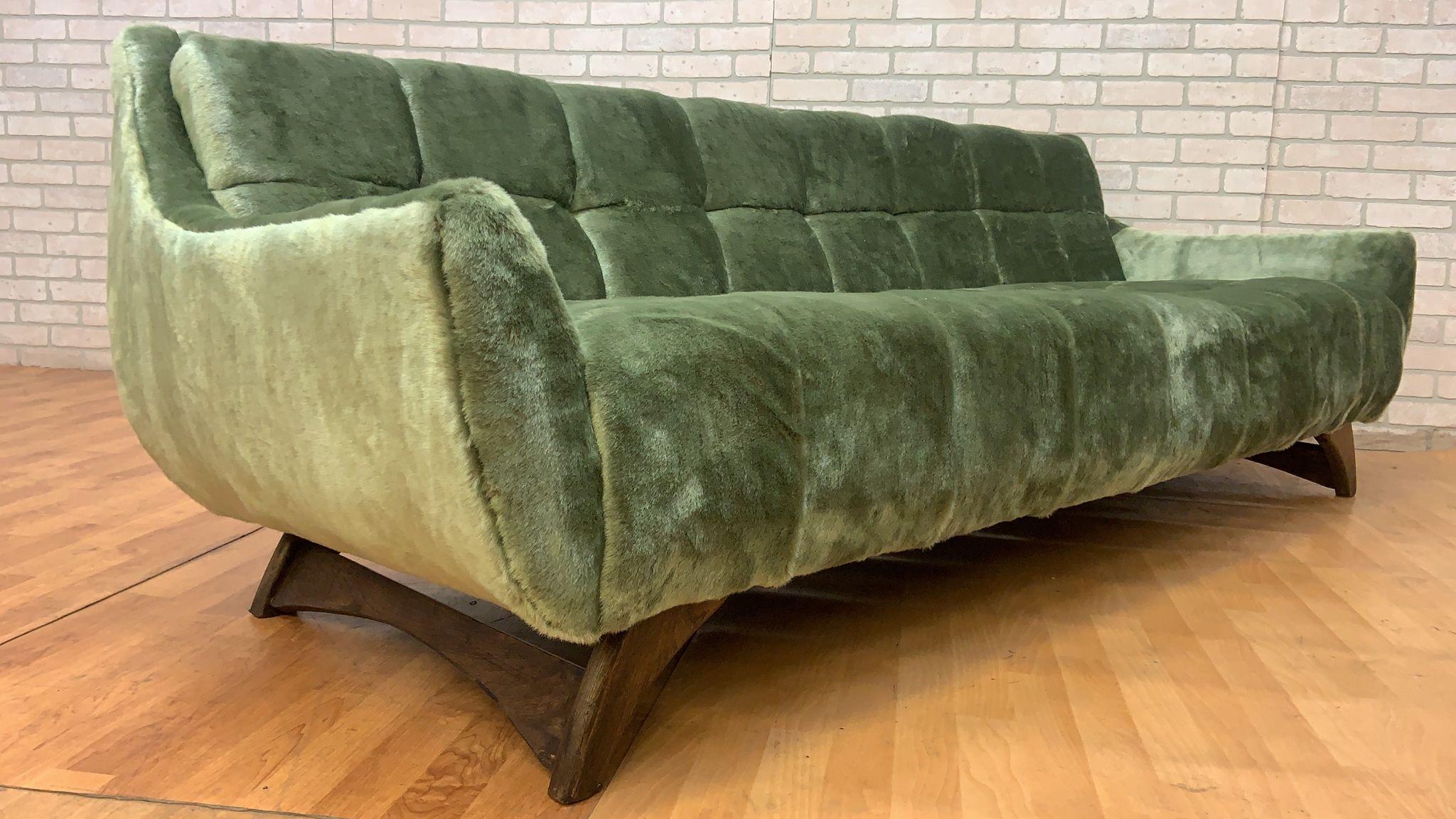 Mid Century Modern Adrian Pearsall Style Cube Button Tufted Gondola Sofa Newly Upholstered in Tufted Plush Sage Green Shag

Circa: 1960’s

Dimensions:
H: 28.5” 
W: 90”
D: 36”

Seat H: 17”
Seat D: 23”
Arm H: 19”

The Mid Century Modern Adrian