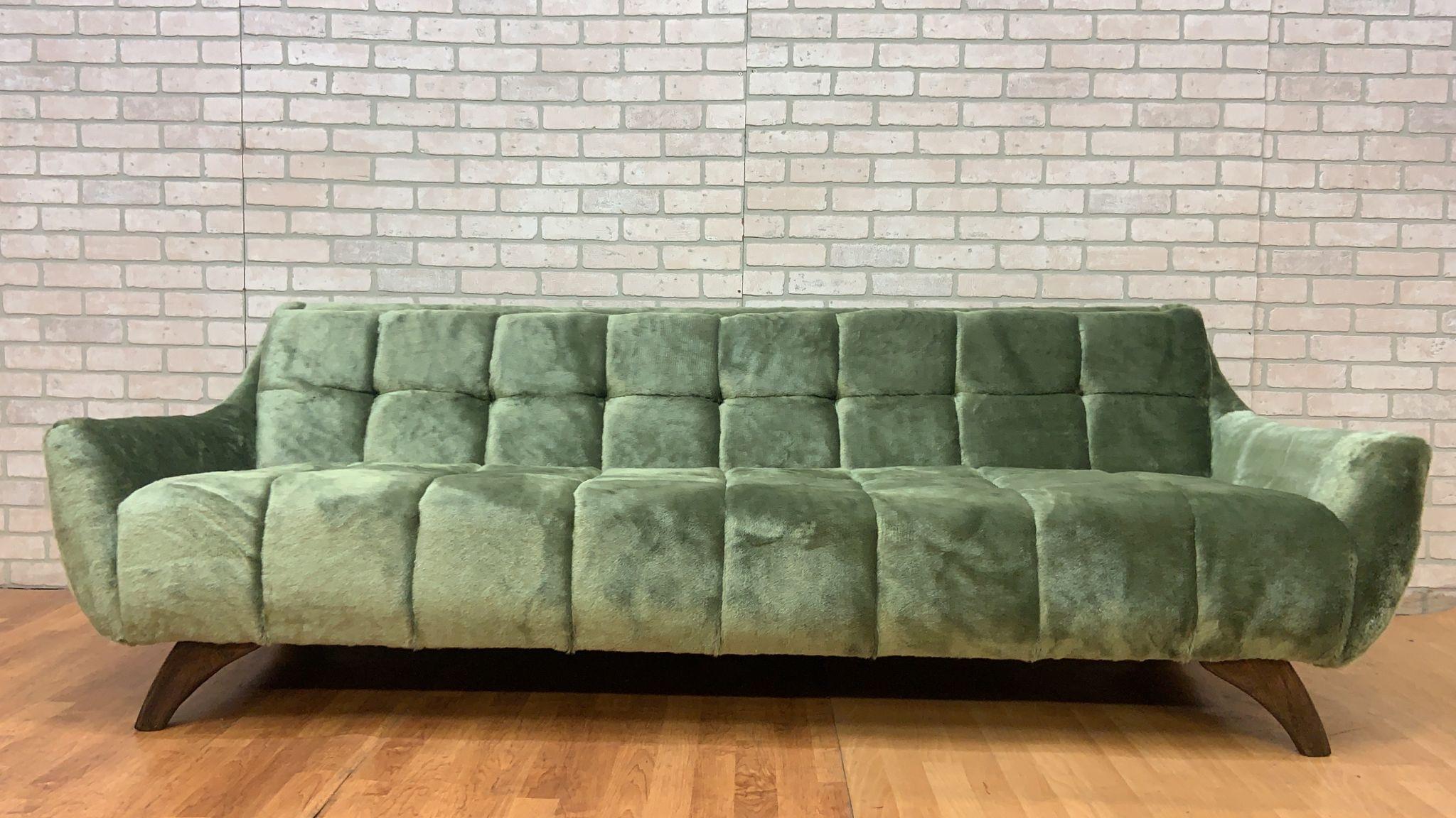 Mid-Century Modern Adrian Pearsall Style Cube Button Tufted Sage Gondola Sofa Newly Upholstered 