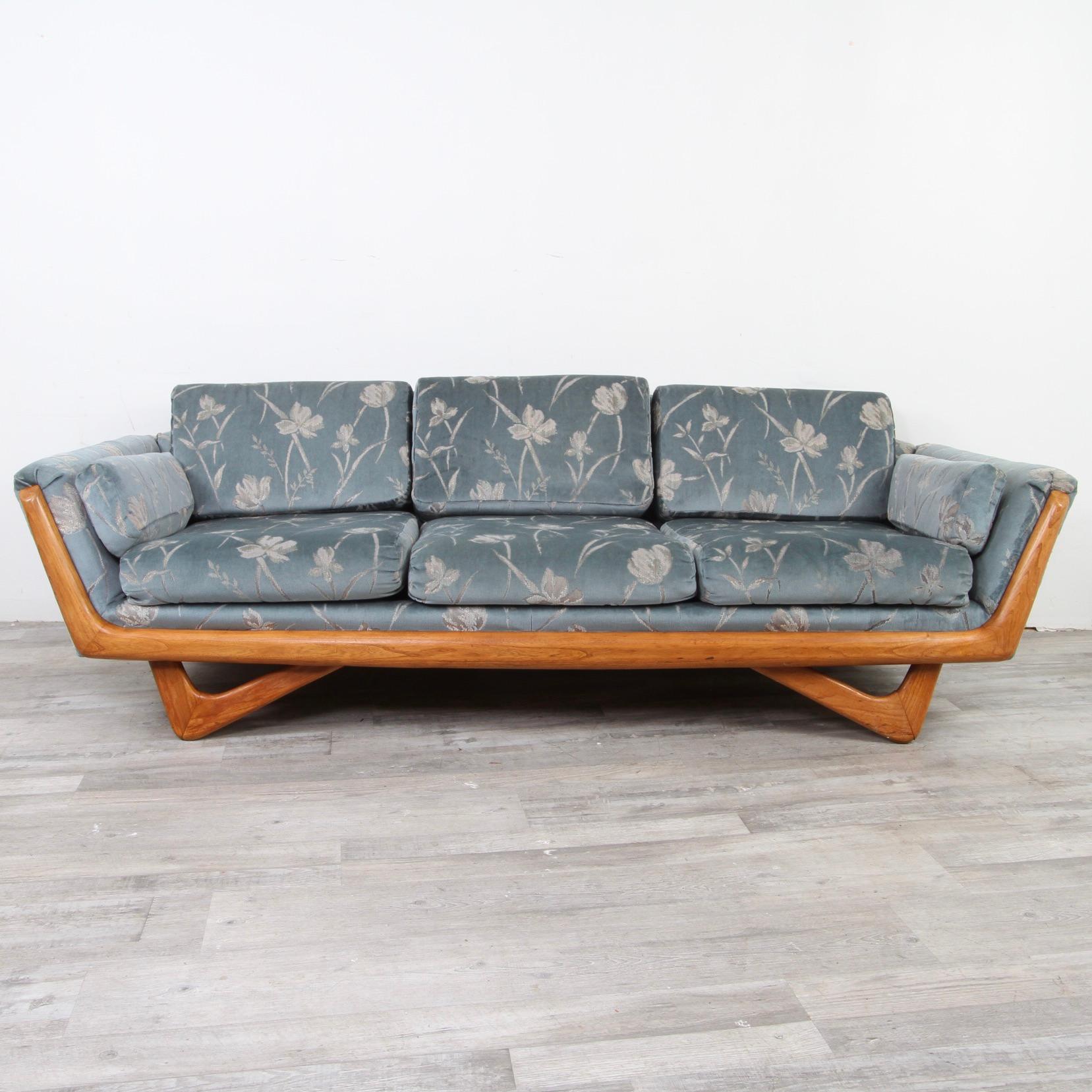 Perhaps the closest version of Adrian Pearsall's designs for Craft Associate is this by Bassett Furniture's Prestige division. Very well made with most likely a still very clean late 70's reupholstery, this long gondola-shaped sofa is trimmed in the