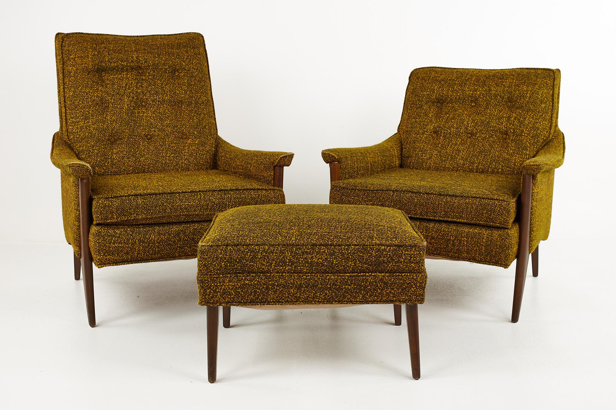 Adrian Pearsall style Kroehler mid century his and hers lounge chairs and ottoman

Each chair measures: 29.5 wide x 28.5 deep x 37 inches high, with a seat height of 15 and arm height of 20 inches high

All pieces of furniture can be had in what