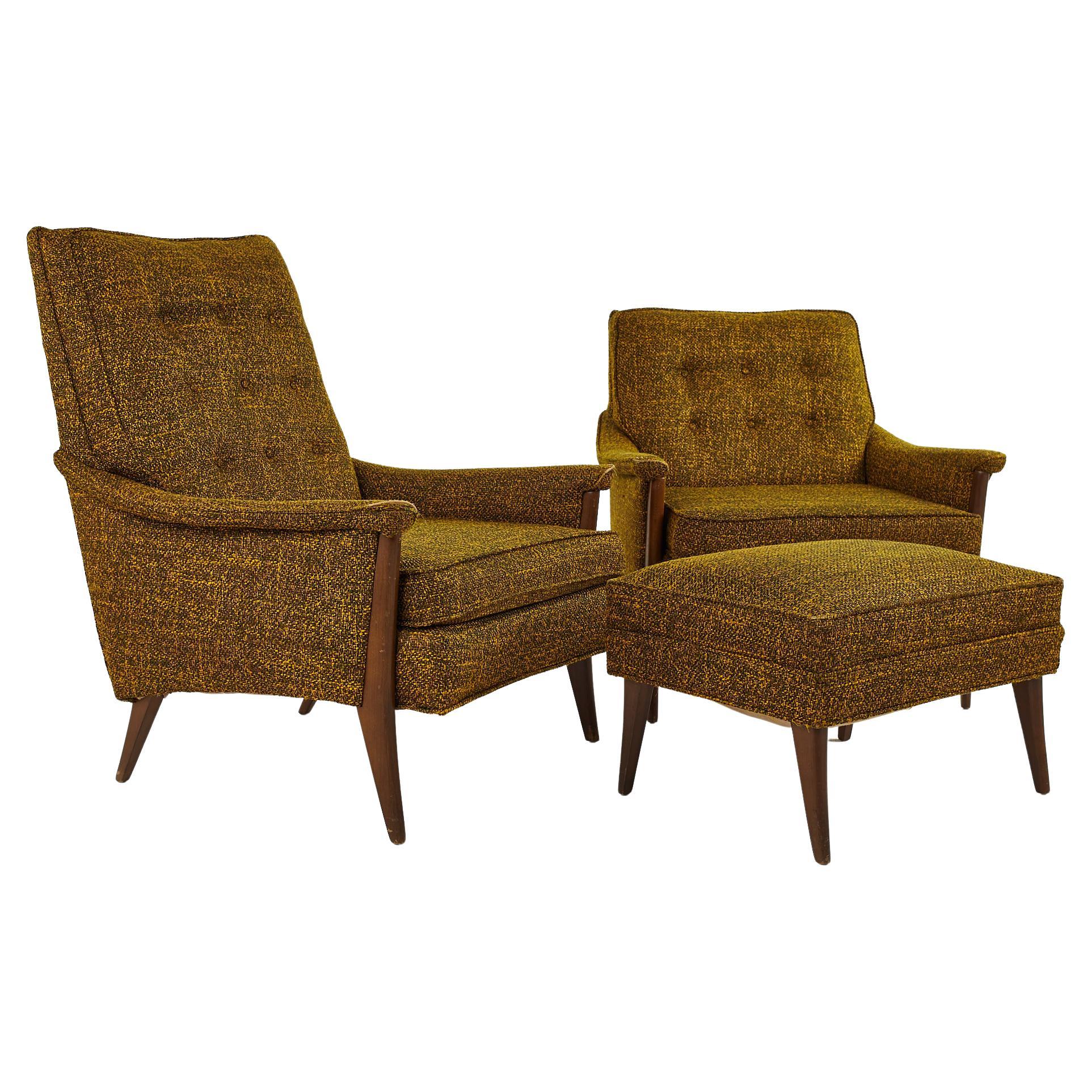 Adrian Pearsall Style Kroehler Mid Century His and Hers Lounge Chairs and Ottoma