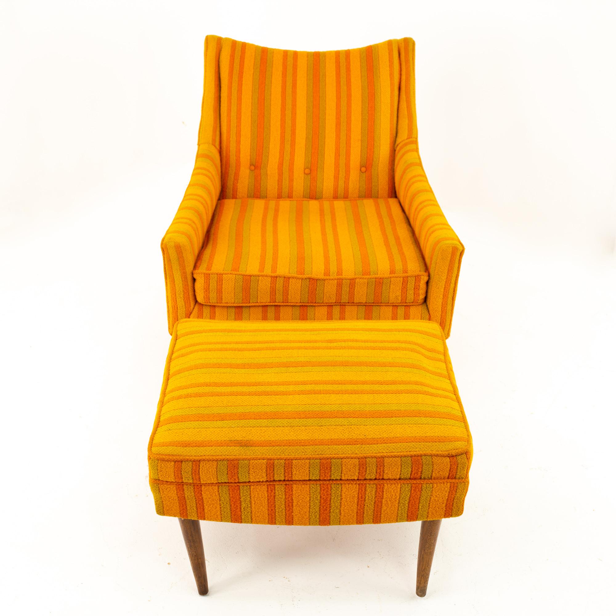 Adrian Pearsall style Kroehler midcentury orange and green striped lounge chair and ottoman

Chair measures: 26 wide x 35 deep x 29 high, with a seat height of 16 inches
Ottoman measures: 24 wide x 19.5 deep x 15 high

All pieces of furniture