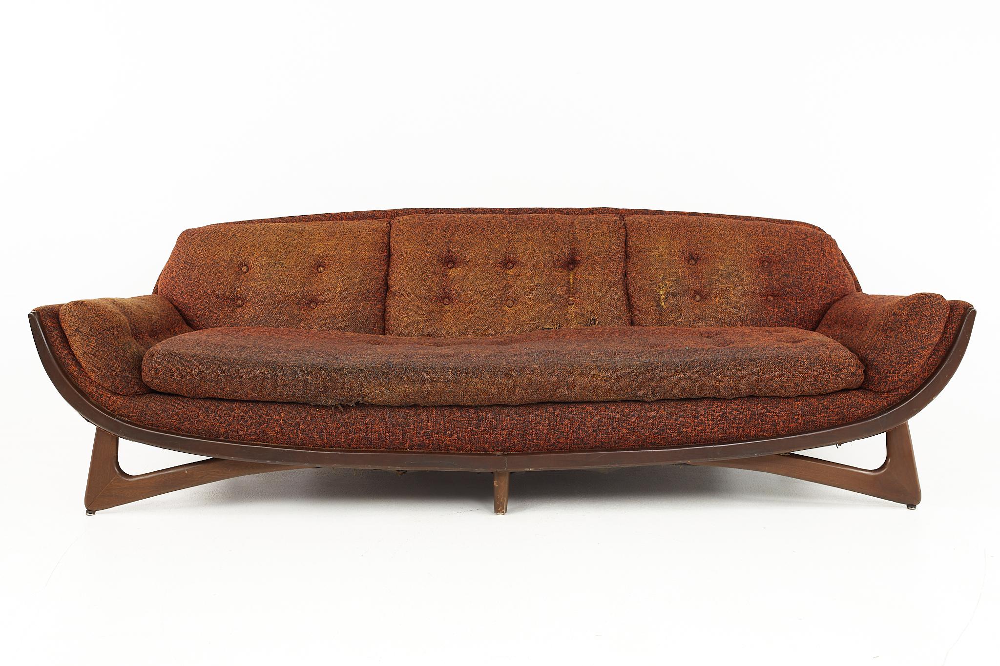 Adrian Pearsall Style Kroehler Mid Century Walnut Gondola Sofa

The sofa measures: 93 wide x 33 deep x 29.5 high, with a seat height of 15 inches and an arm height of 20.5 inches

Ready for new upholstery. This service is available for an
