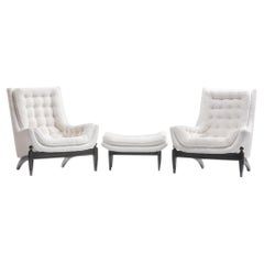 Adrian Pearsall Style Mid-Century Modern Chairs and Ottoman in Ivory Shearling