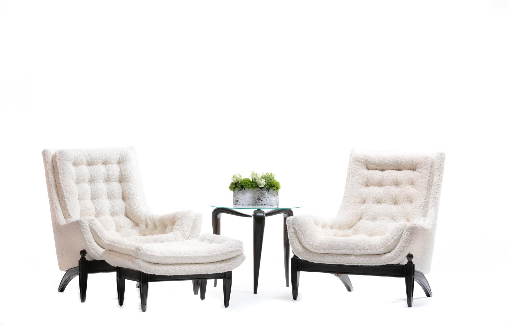 Adrian Pearsall Style Mid-Century Modern Chairs and Ottoman in Ivory Shearling 2