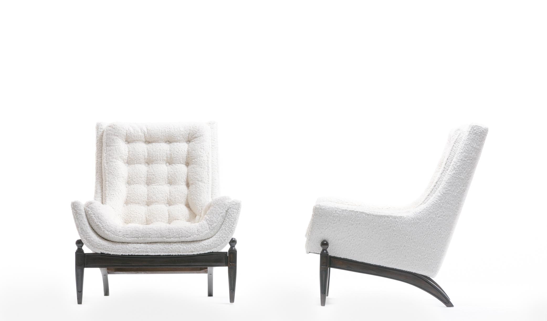 Adrian Pearsall Style Mid-Century Modern Chairs and Ottoman in Ivory Shearling 3