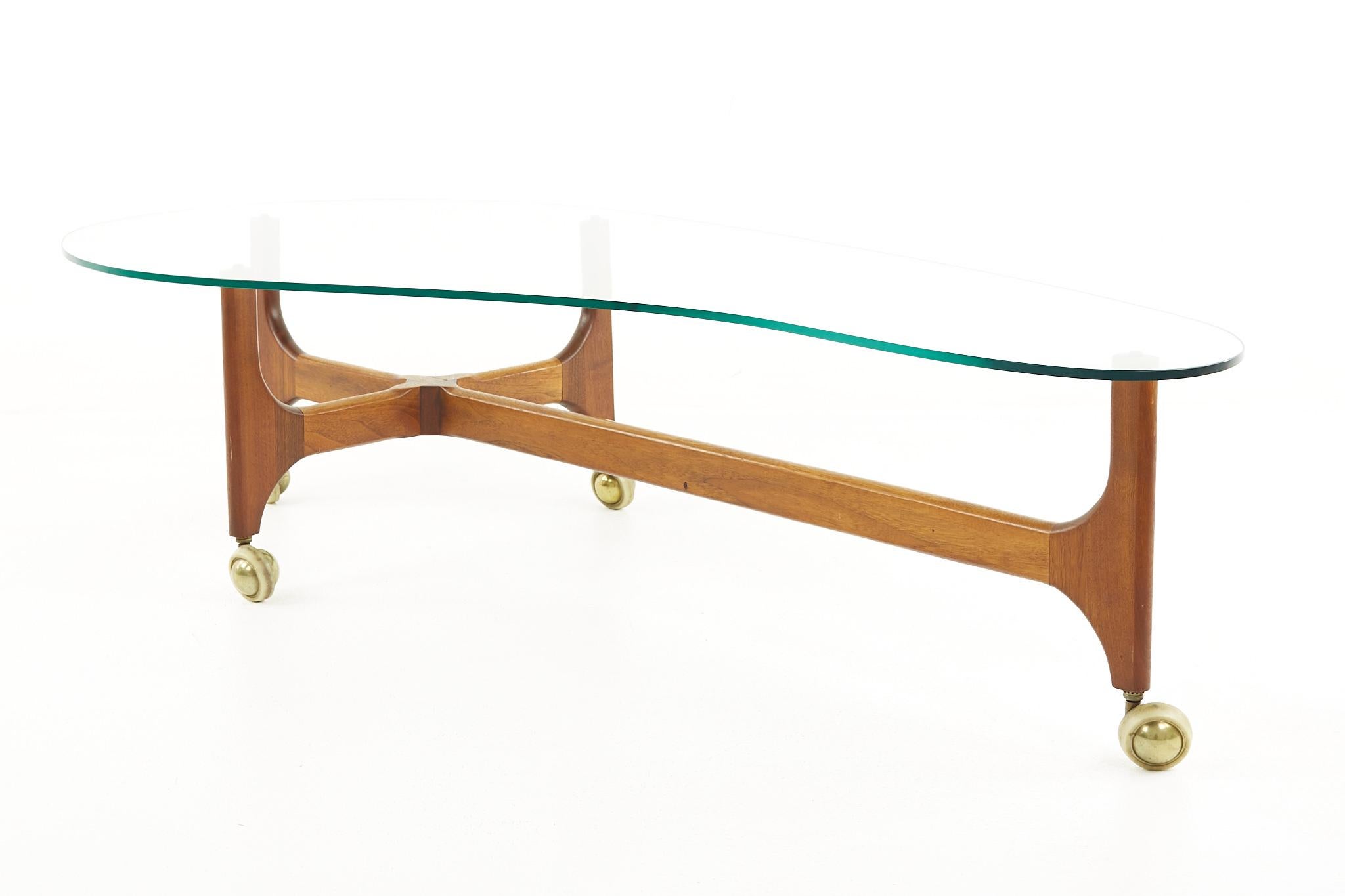 Late 20th Century Adrian Pearsall Style Mid Century Walnut and Brass Biomorphic Coffee Table