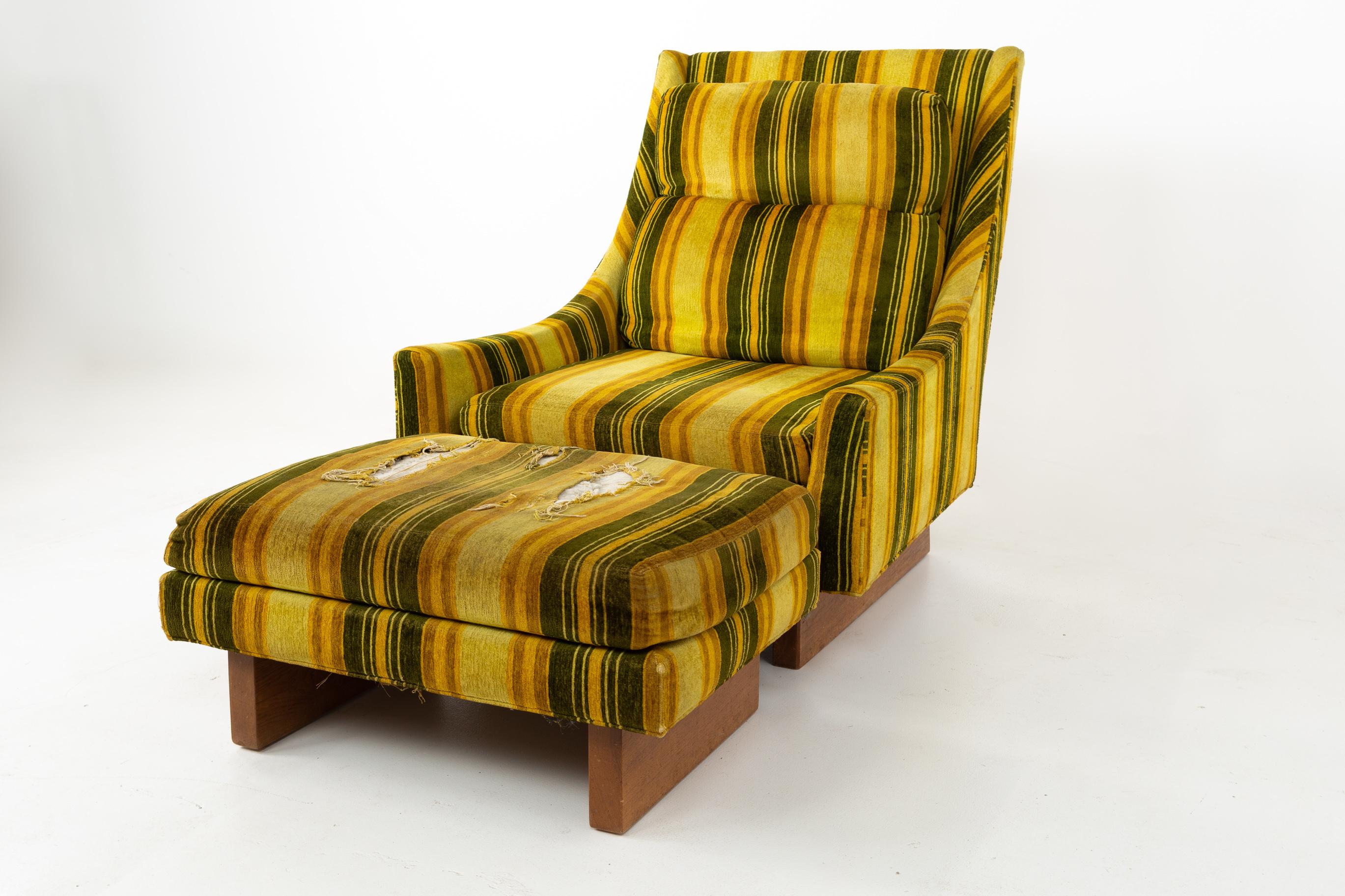 Adrian Pearsall style mid century walnut sleigh leg lounge chair and ottoman
This chair is 31.5 wide x 37.25 deep x 37 inches high, with a seat height of 14.25 and arm height of 17.25 inches

All pieces of furniture can be had in what we call