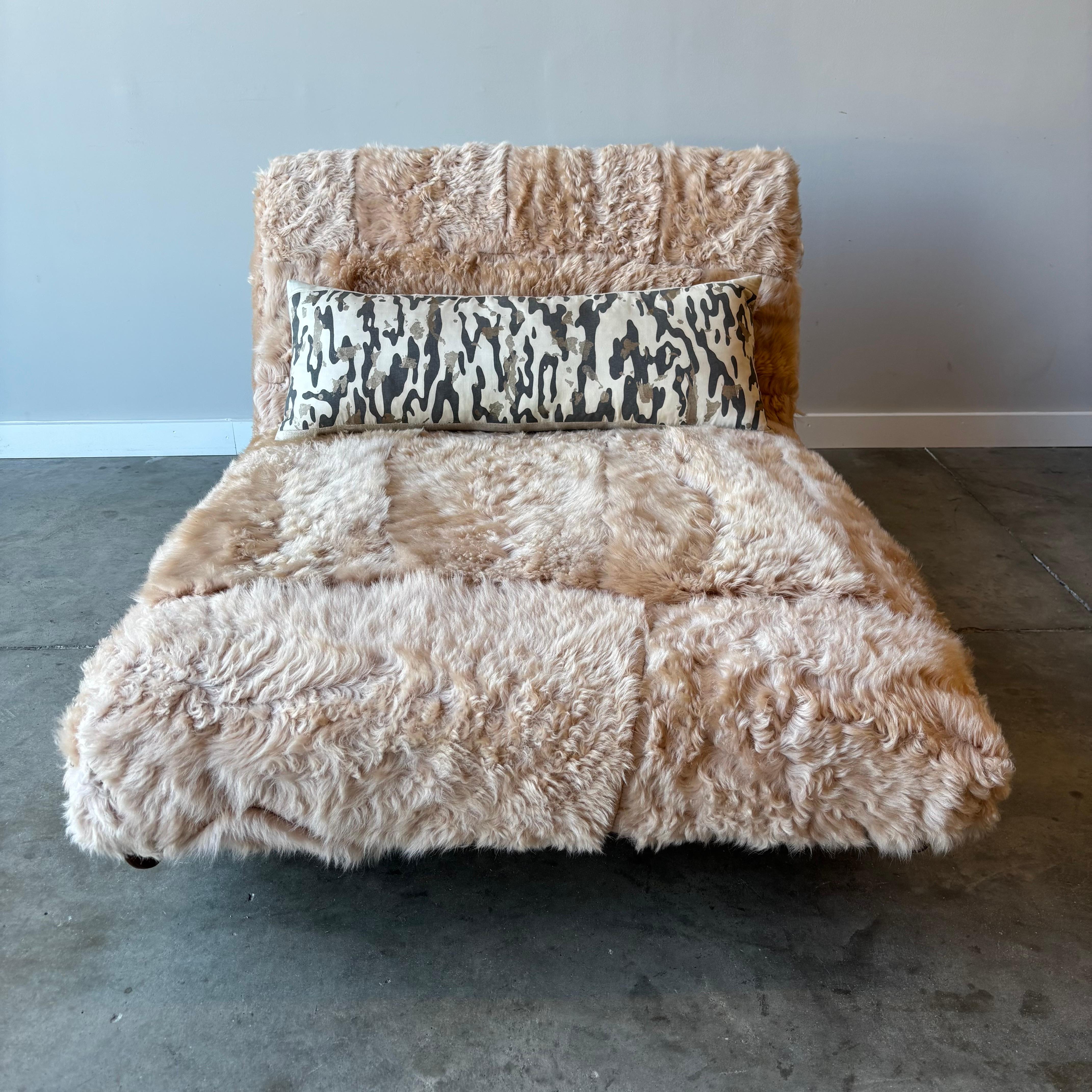 Vintage Adrian Pearsall style rocking chaise newly upholstered in blush sheepskin.  Fortuny lumbar pillow included.