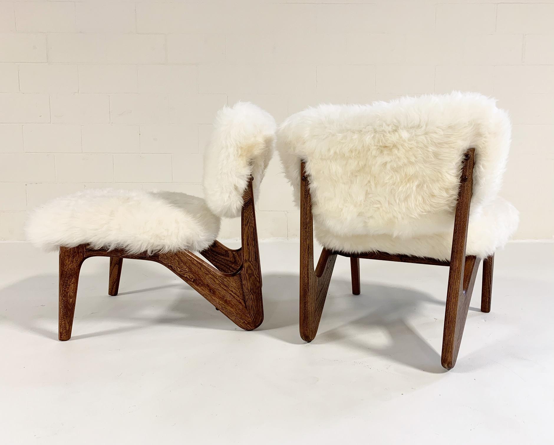 Mid-Century Modern Adrian Pearsall Style Sculptural Chairs Restored in Brazilian Sheepskin, Pair
