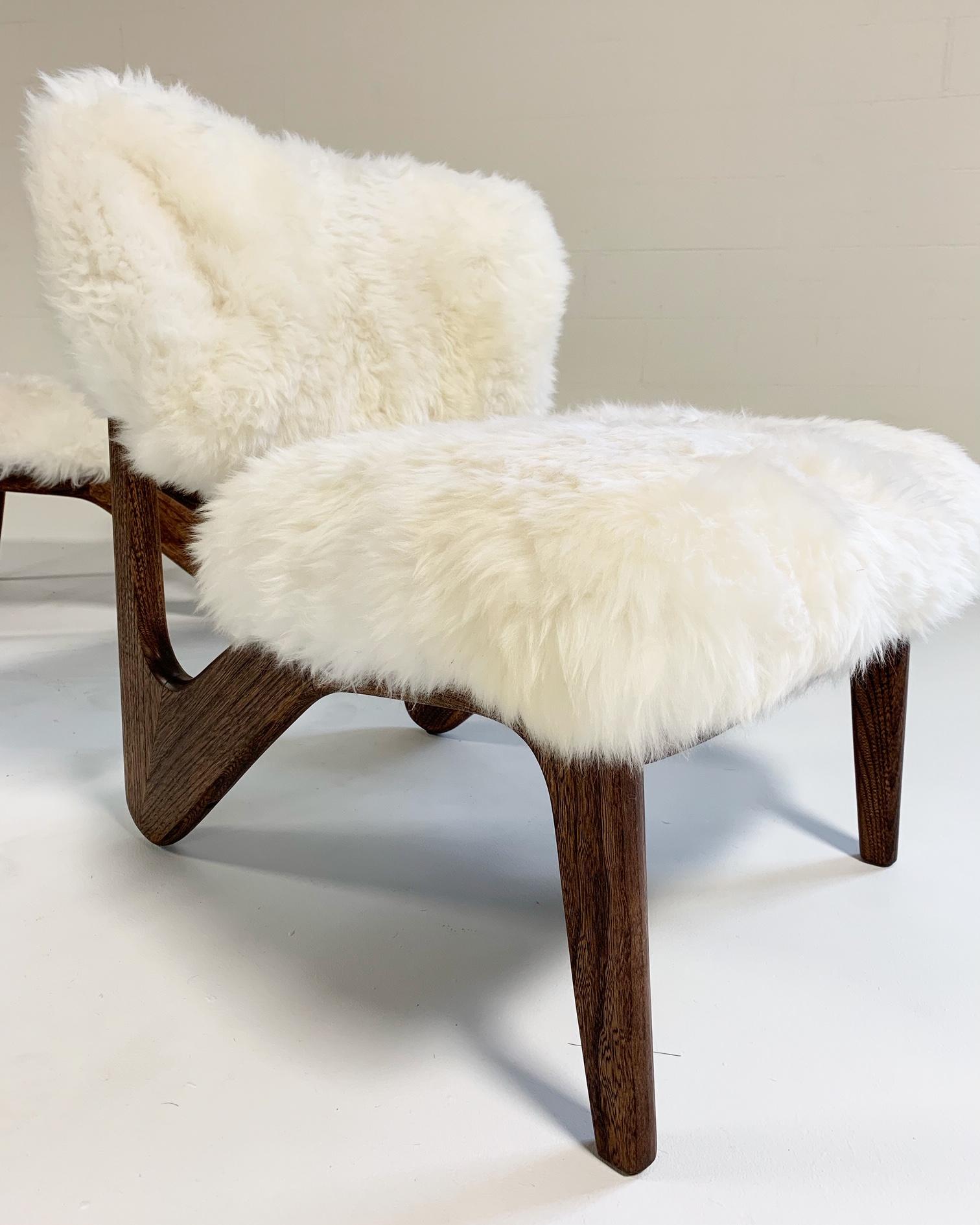 North American Adrian Pearsall Style Sculptural Chairs Restored in Brazilian Sheepskin, Pair