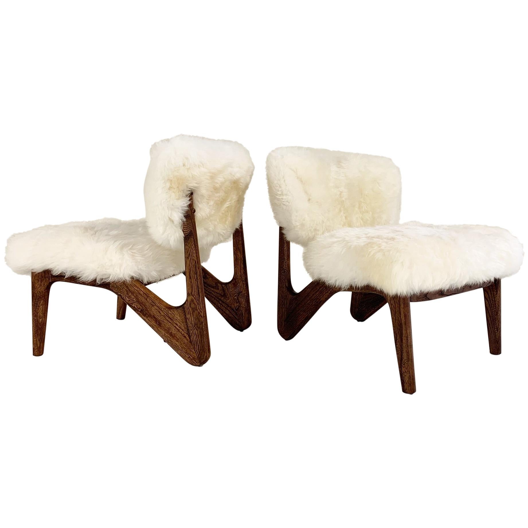 Adrian Pearsall Style Sculptural Chairs Restored in Brazilian Sheepskin, Pair