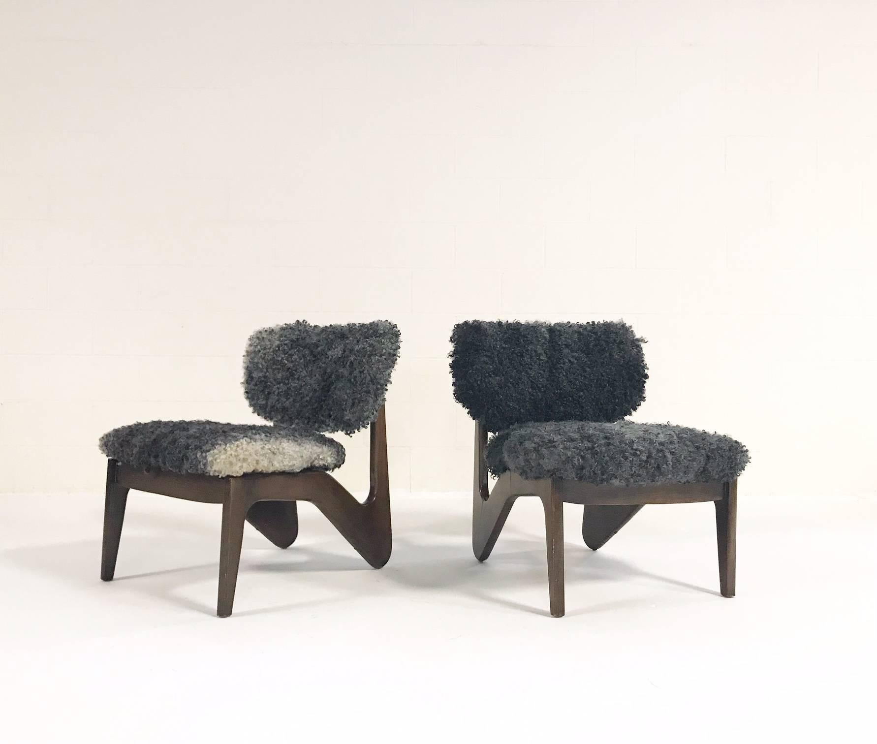 Adrian Pearsall Style Sculptural Chairs Restored in Gotland Sheepskin, Pair 1