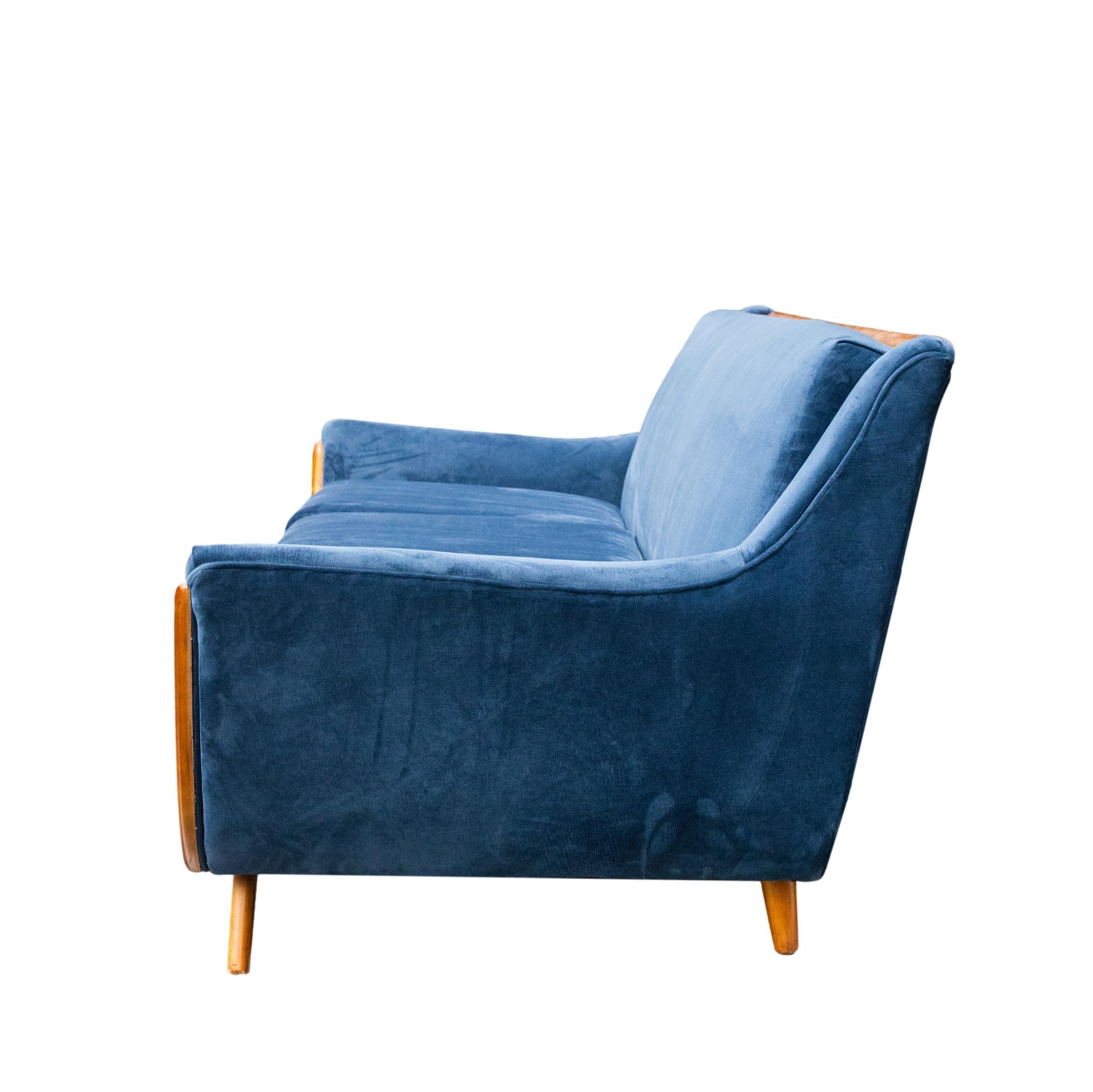 Mid-Century Modern Adrian Pearsall-Style Sofa Newly Reupholstered in Blue Velvet, ca. 1960