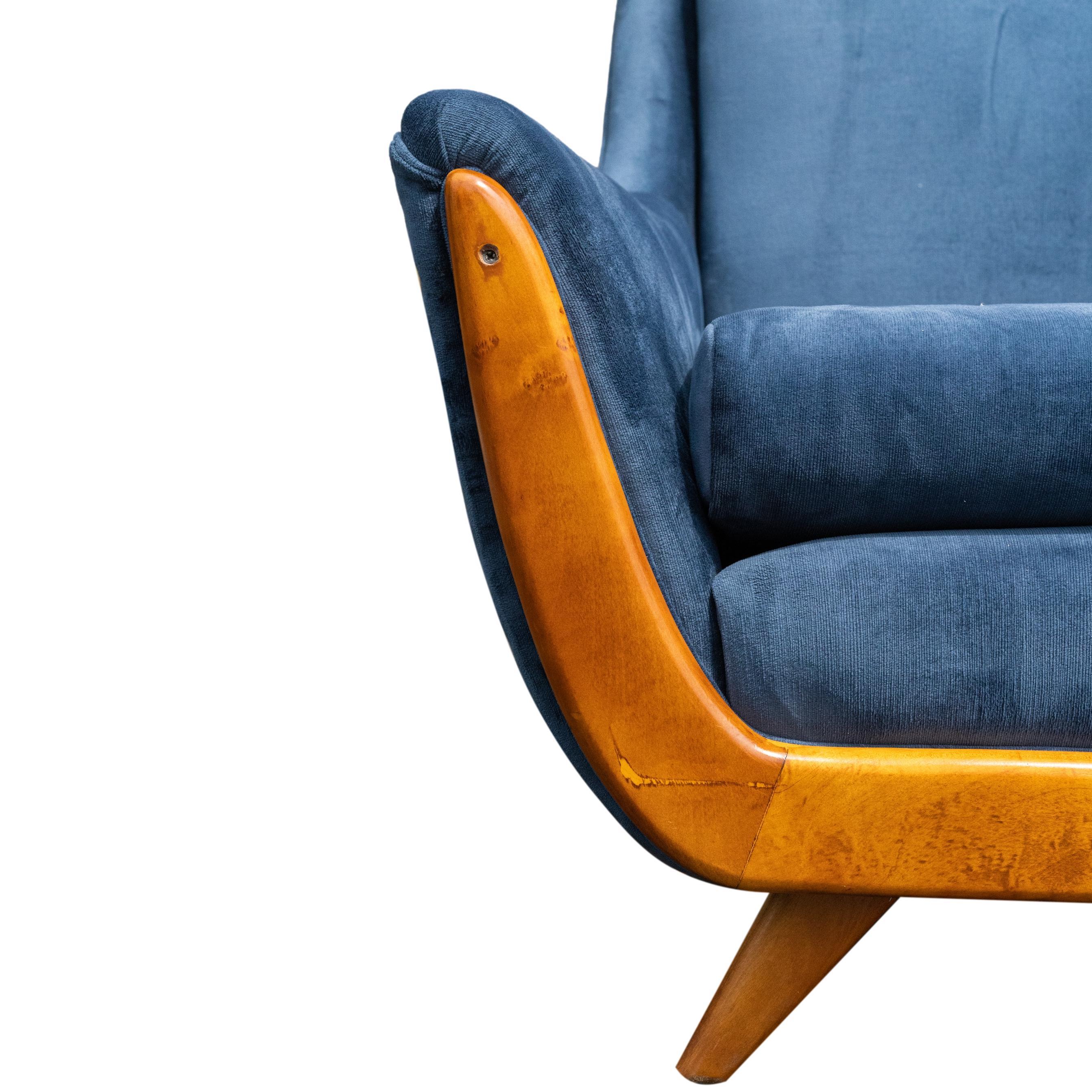 Upholstery Adrian Pearsall-Style Sofa Newly Reupholstered in Blue Velvet, ca. 1960