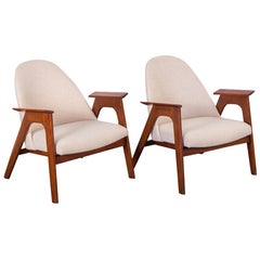 Adrian Pearsall Style Walnut Lounge Chairs in Knoll Fabric, Pair