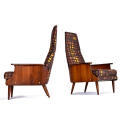 Adrian Pearsall Style Walnut Shell Tufted High Back Lounge Chairs