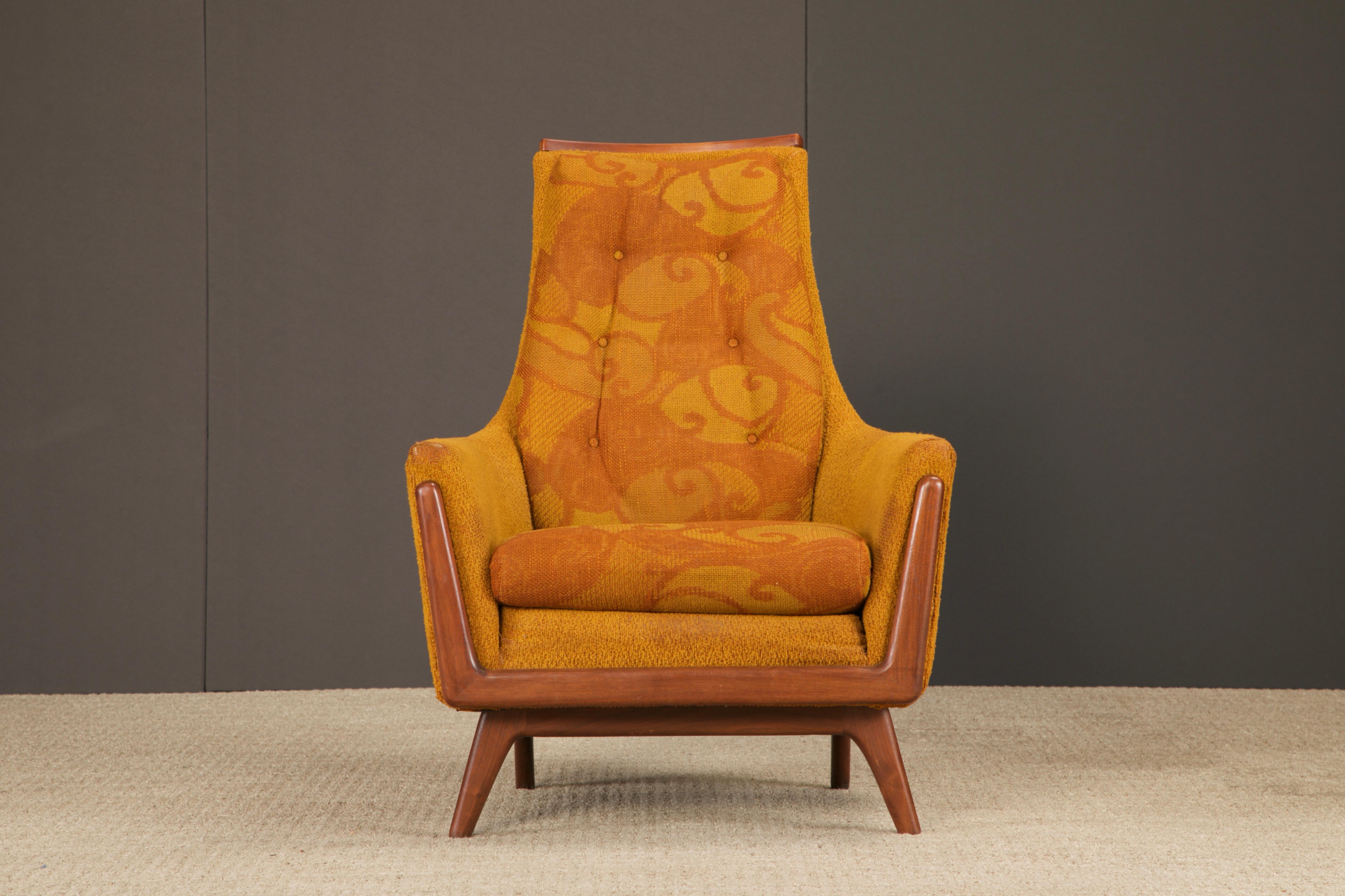 This 1960s vintage highback lounge chair features sculptural wood and groovy original 1960s fabric. The style is in the manner of Adrian Pearsall for Craft Associates and Kipp Stewart for Drexel, and is an ideal candidate for reupholstery. 

This