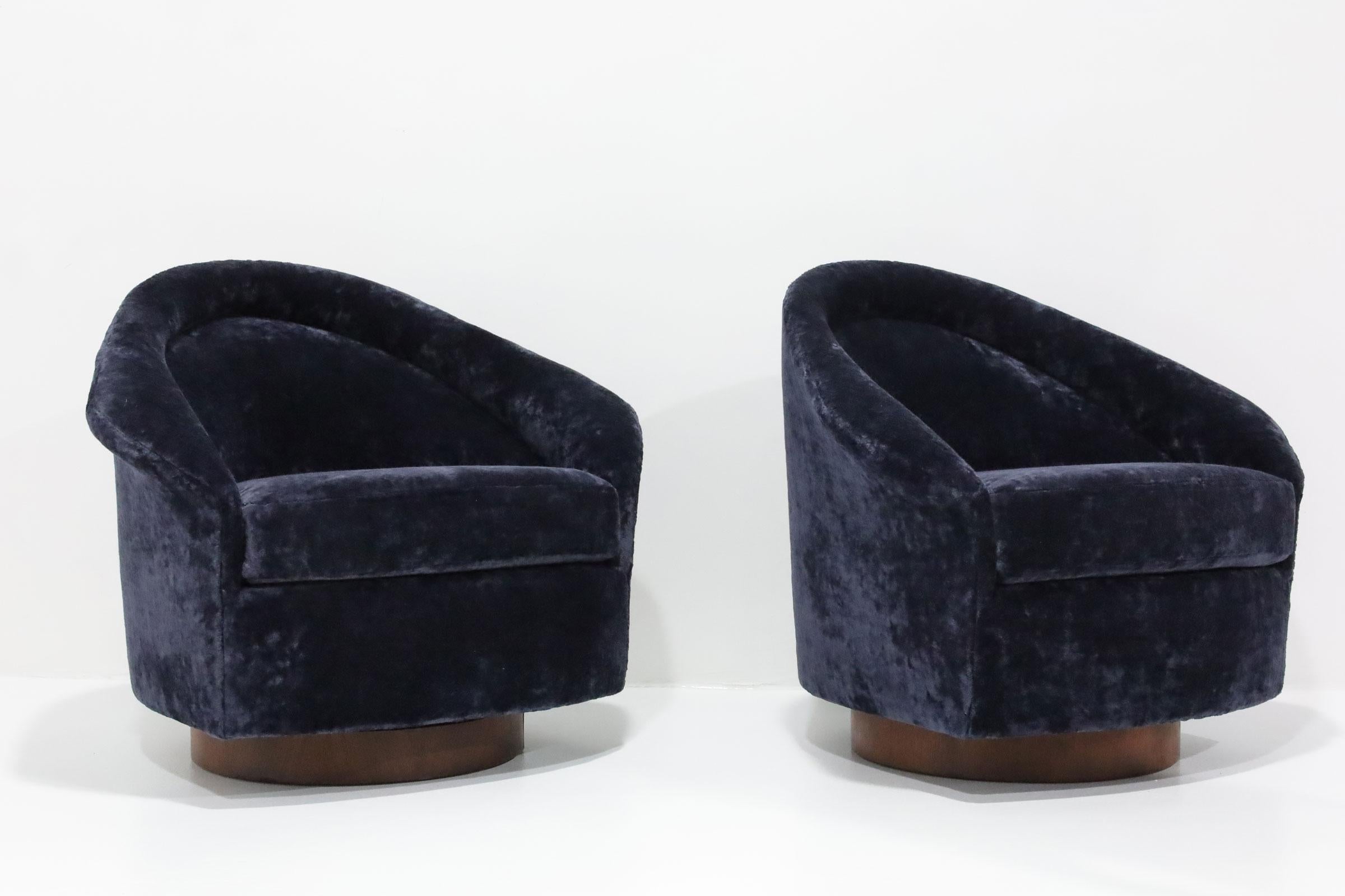 American Adrian Pearsall Swivel Lounge Chairs in Holly Hunt Navy Velvet