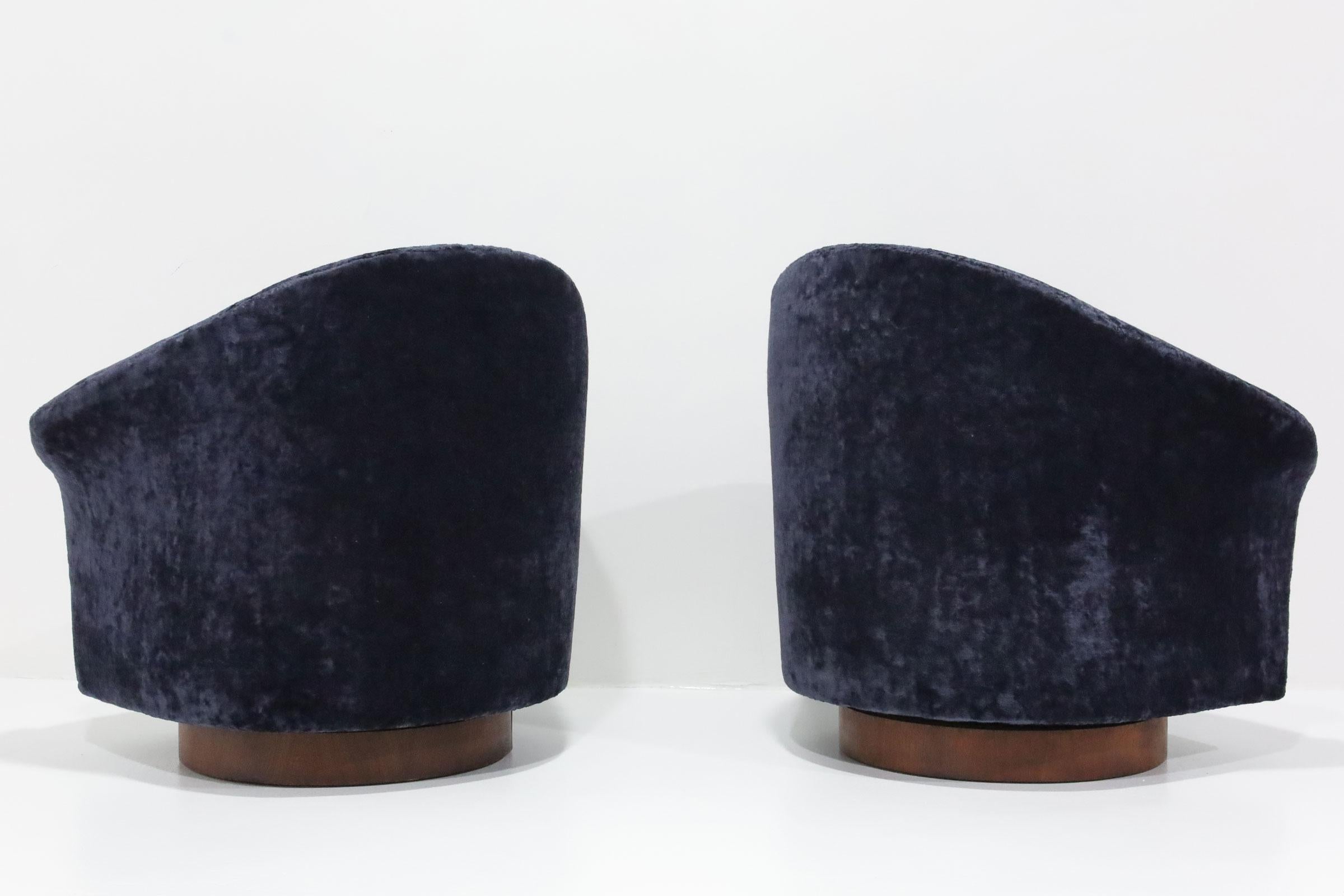 20th Century Adrian Pearsall Swivel Lounge Chairs in Holly Hunt Navy Velvet