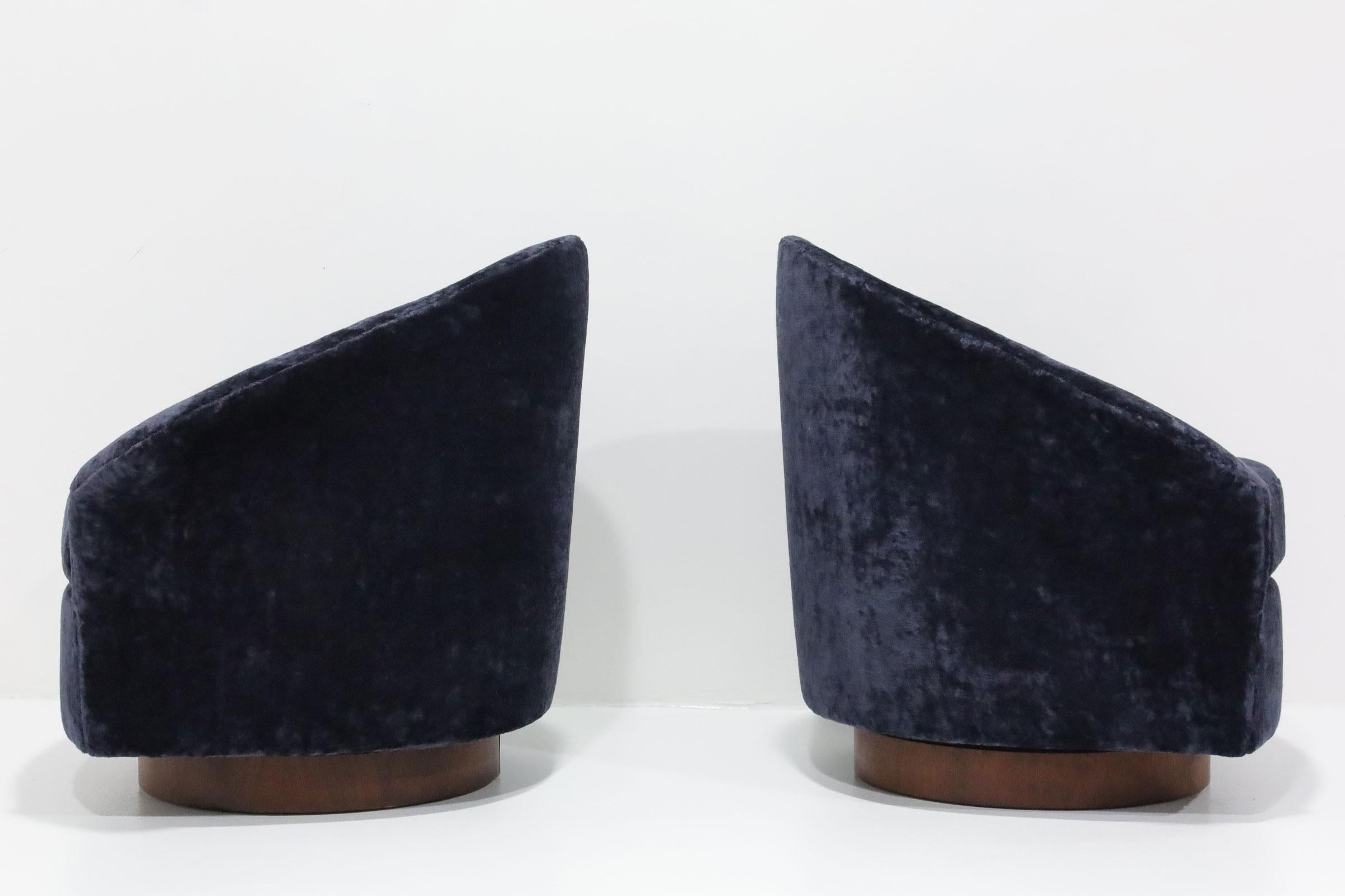 Wood Adrian Pearsall Swivel Lounge Chairs in Holly Hunt Navy Velvet