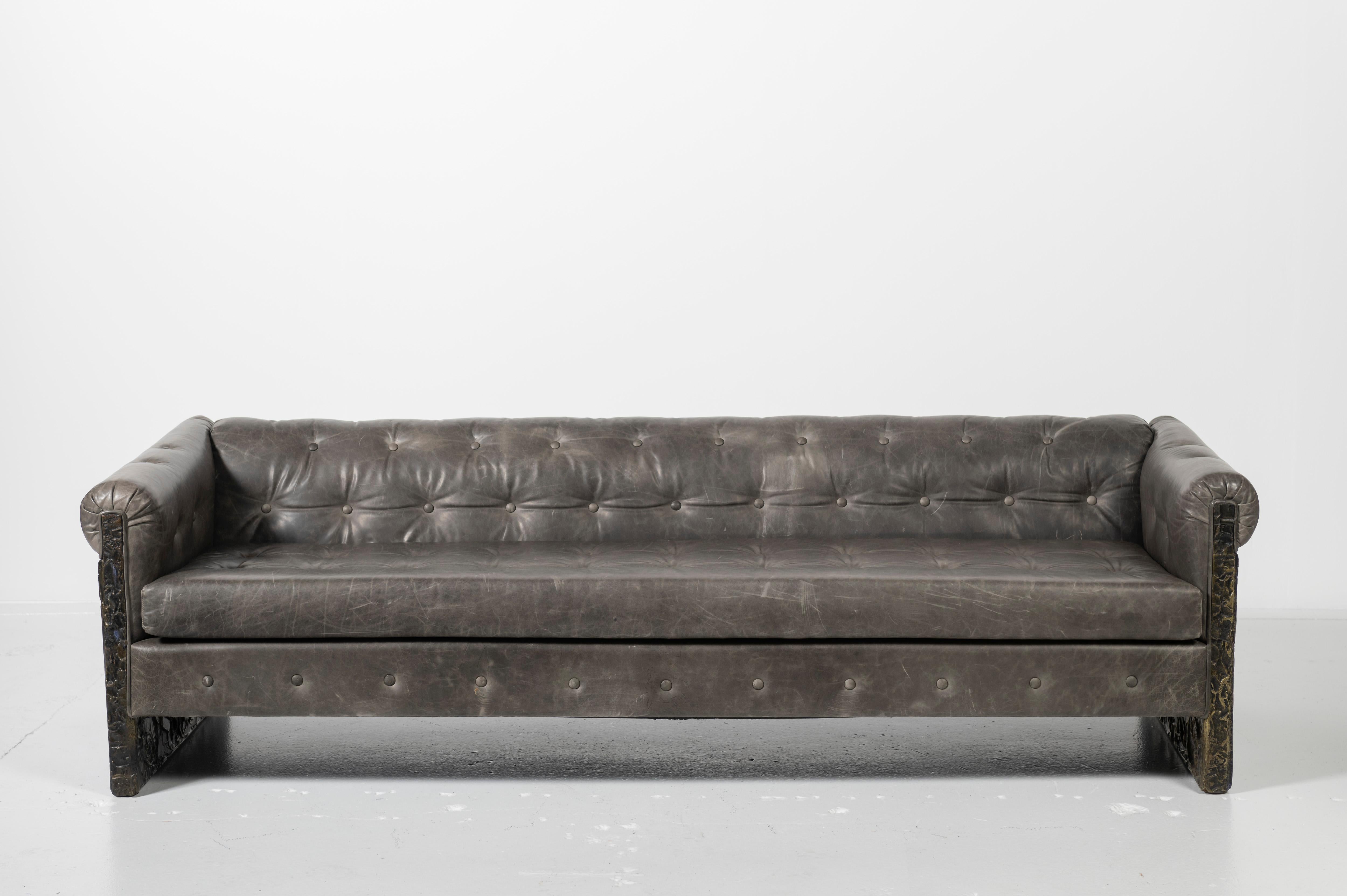 Brutalist Adrian Pearsall Tufted Leather Sofa with Bronzed Resin over Steel Sides