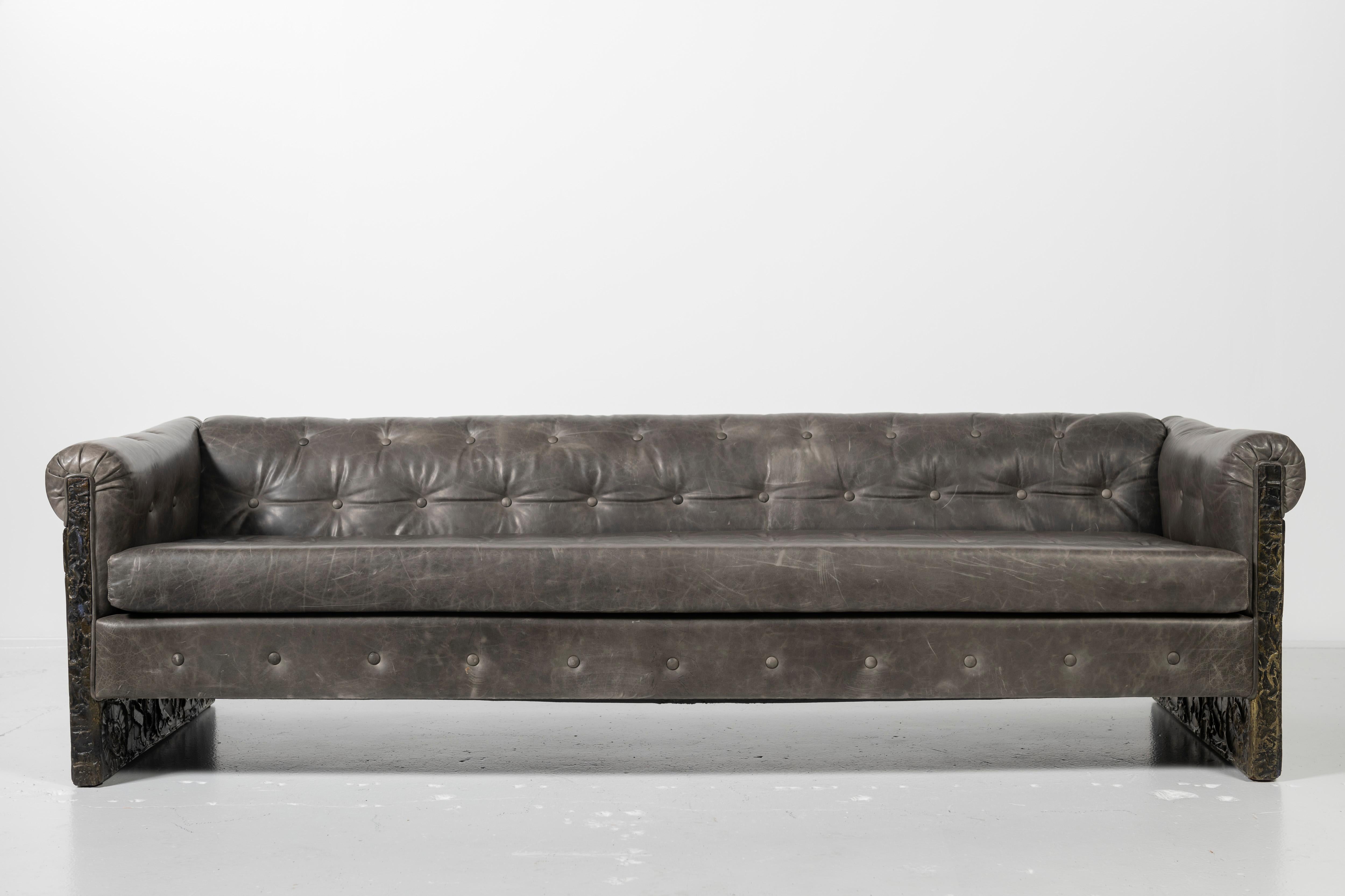 American Adrian Pearsall Tufted Leather Sofa with Bronzed Resin over Steel Sides