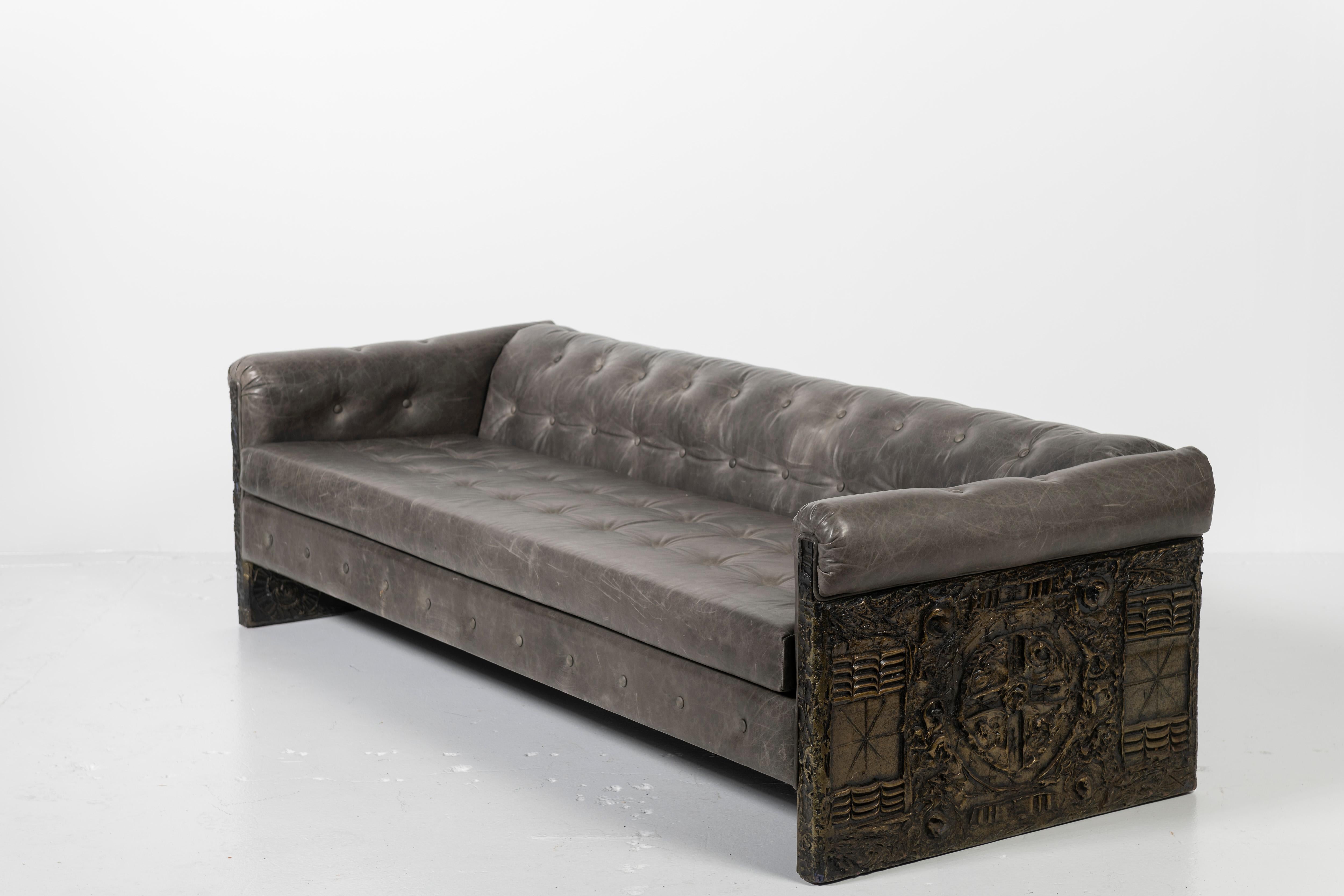 20th Century Adrian Pearsall Tufted Leather Sofa with Bronzed Resin over Steel Sides