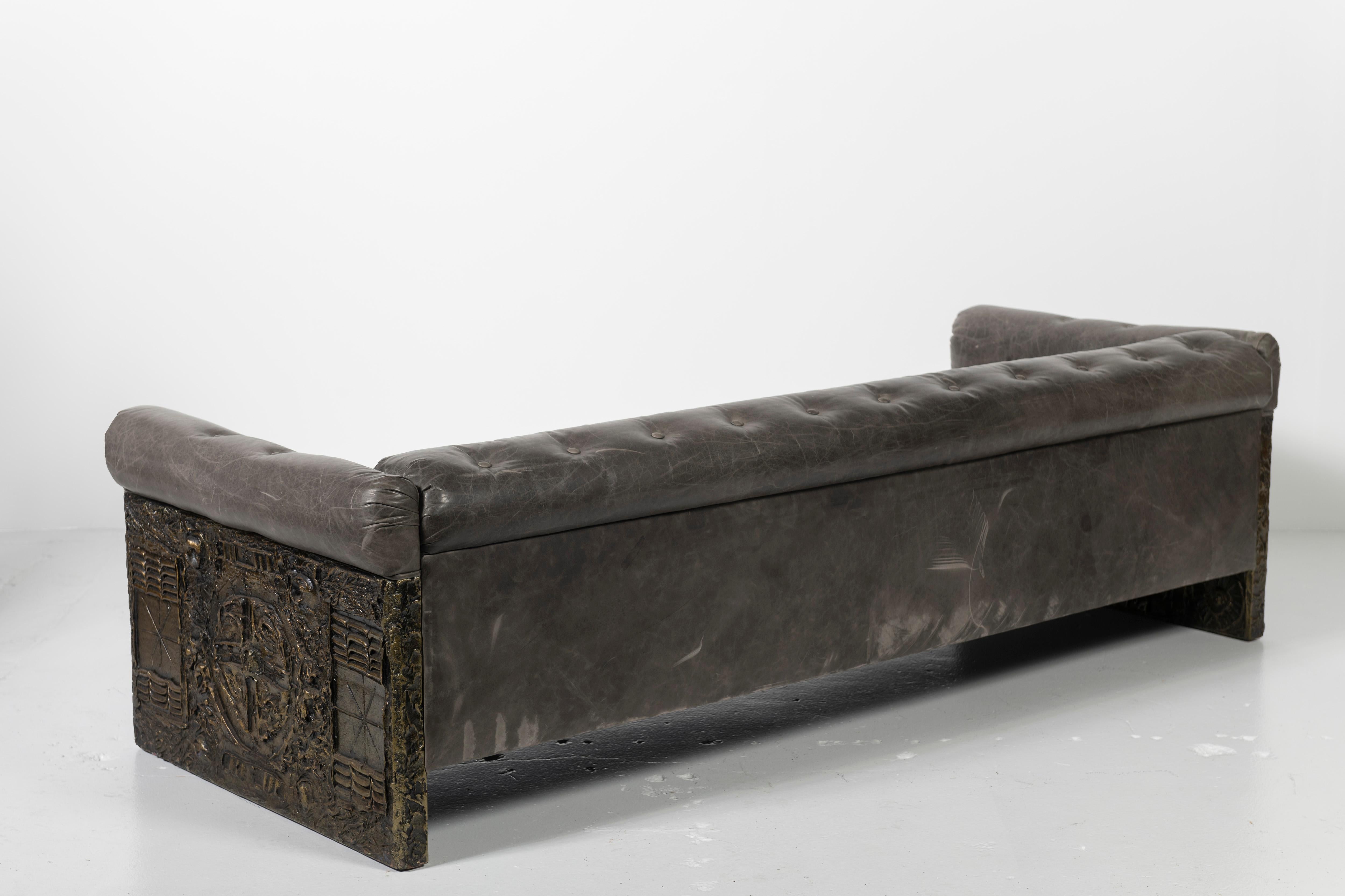 Adrian Pearsall Tufted Leather Sofa with Bronzed Resin over Steel Sides 2
