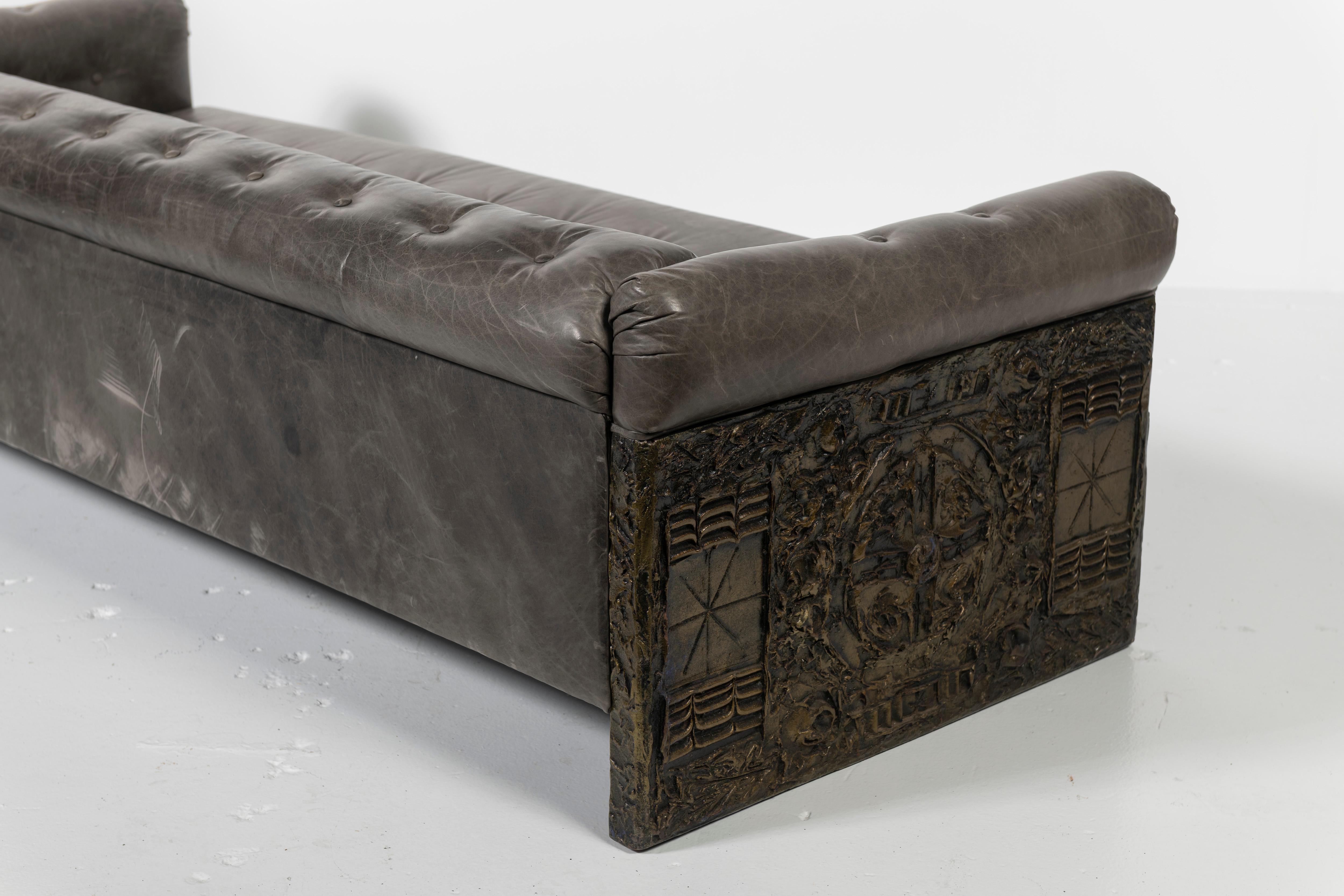 Adrian Pearsall Tufted Leather Sofa with Bronzed Resin over Steel Sides 3