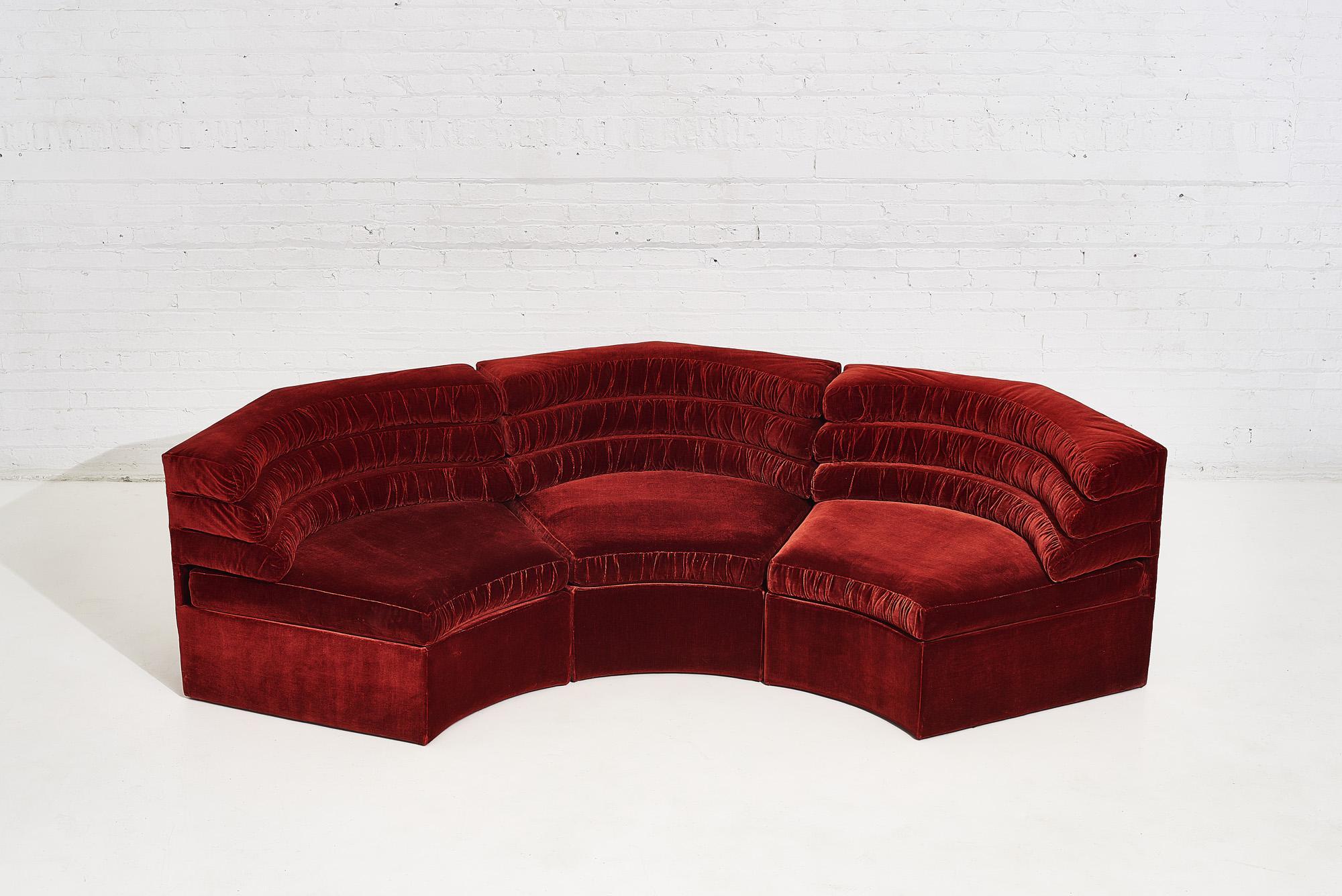 Adrian Pearsall tufted sectional sofa, circa 1970s. Three piece red velvet. Adrian Pearsall for Comfort Design.