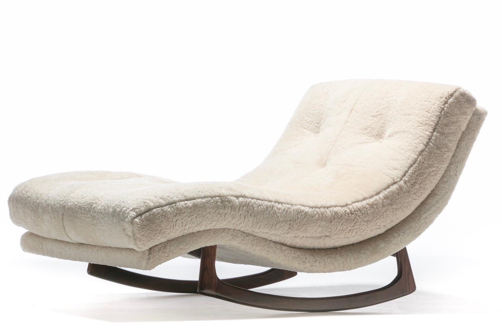 Mid-Century Modern Adrian Pearsall Waive Chaise Rocker Lounge in Ivory Shearling with Walnut Legs