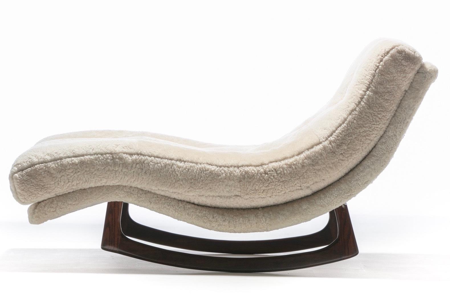 American Adrian Pearsall Waive Chaise Rocker Lounge in Ivory Shearling with Walnut Legs