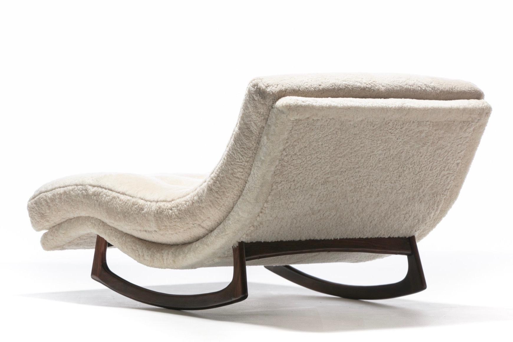 Mid-20th Century Adrian Pearsall Waive Chaise Rocker Lounge in Ivory Shearling with Walnut Legs