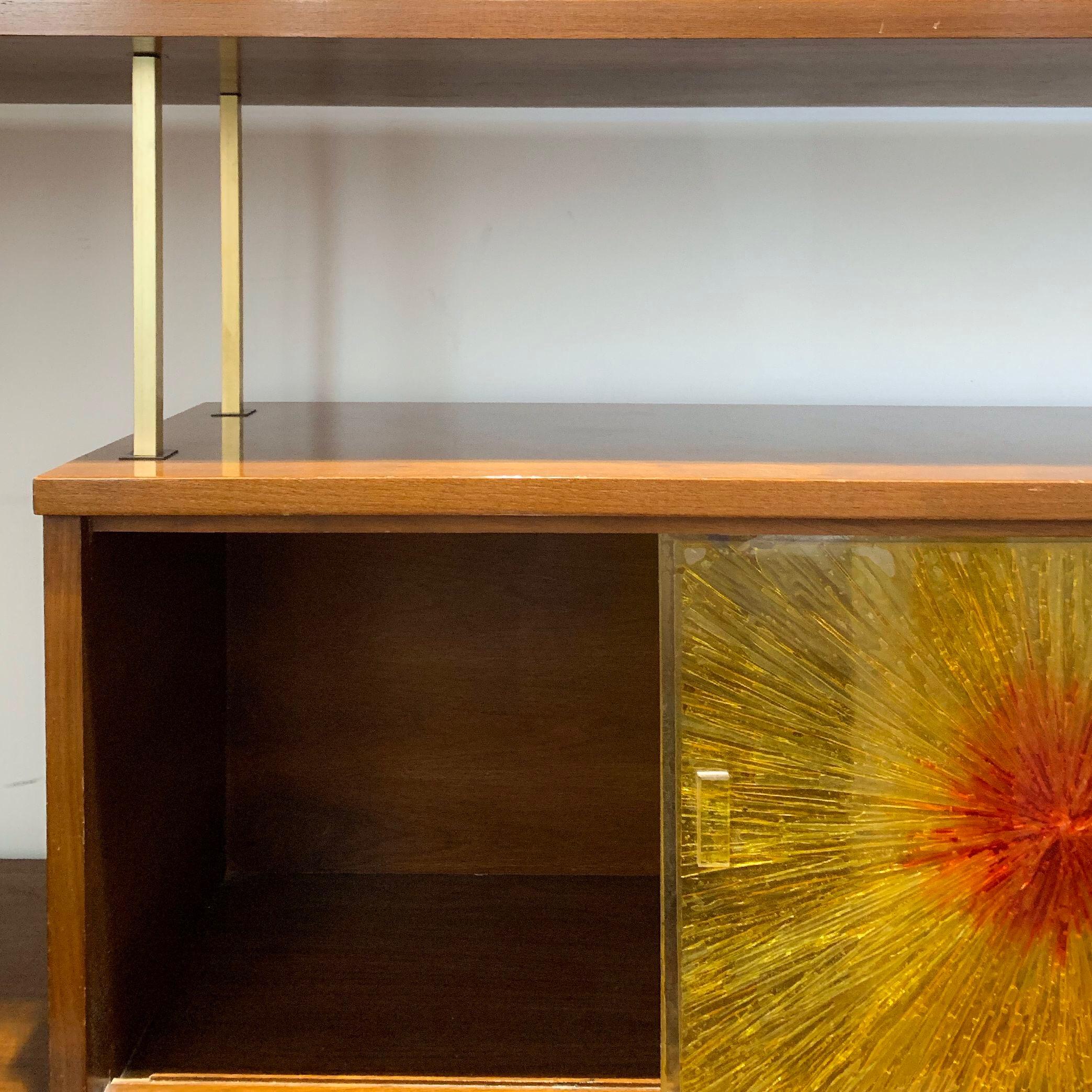 Gorgeous Adrian Pearsall walnut and brass Brutalist Mid-Century Modern étagère bookcase. Multiple cabinets, sculptural flip down doors as well gold /red accented sliding doors. Lovely proportions. Brutalist expressiveness with the perfect geometry