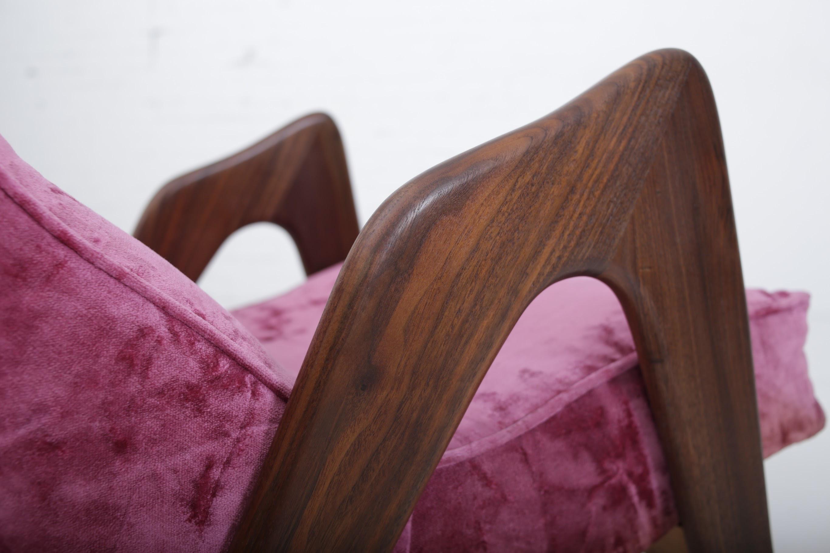 Adrian Pearsall walnut base rocking chair. Walnut base has been refurbished. Velvet very minimal wear.