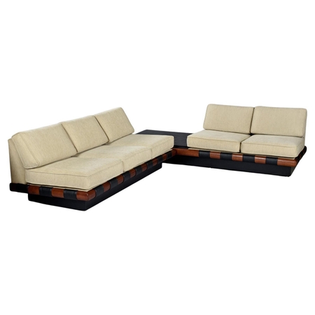 Adrian Pearsall Walnut & Slate Leather Strap Sectional Sofa for Craft Associates