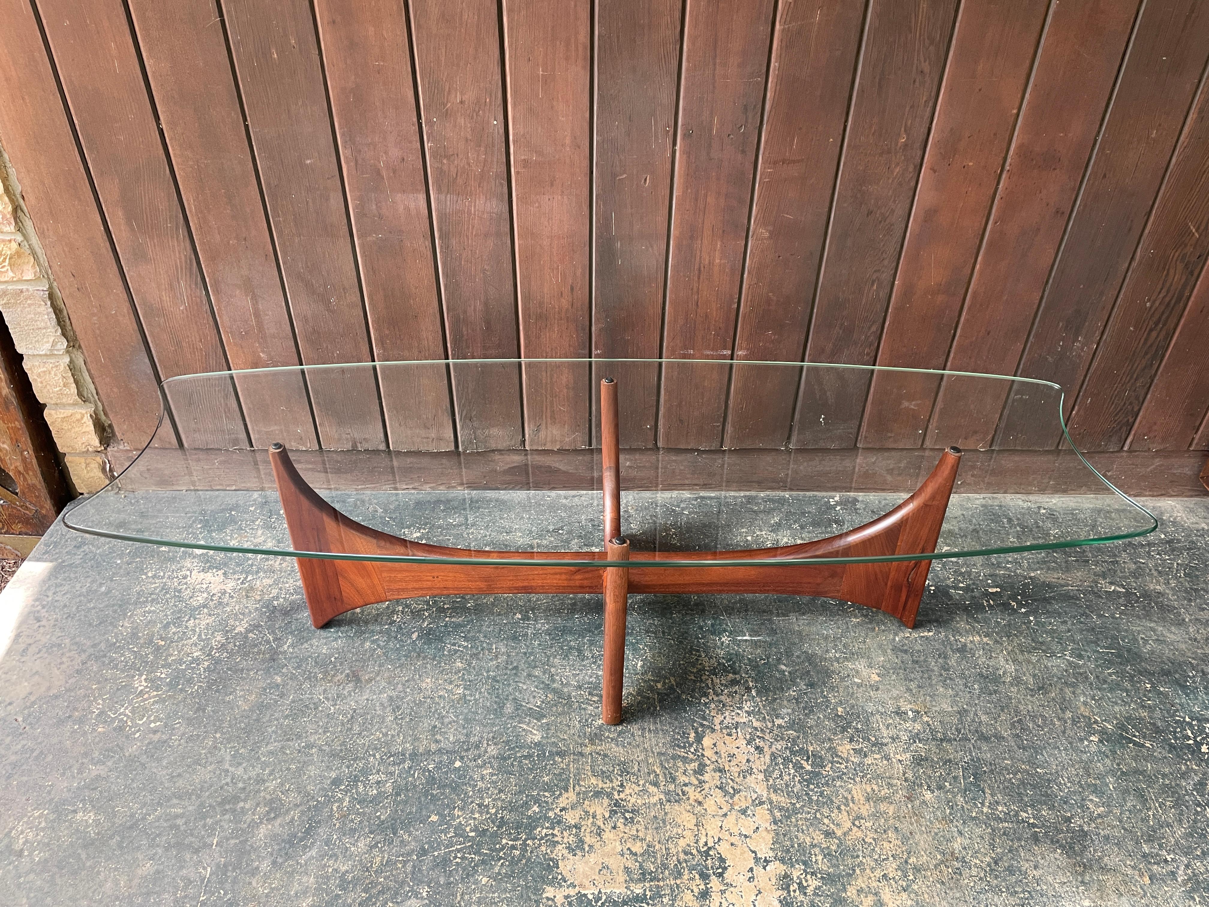 Mid-Century Modern Adrian Pearsall Walnut Stingray Glass Coffee Table 1960s Mid-Century Rare Design For Sale