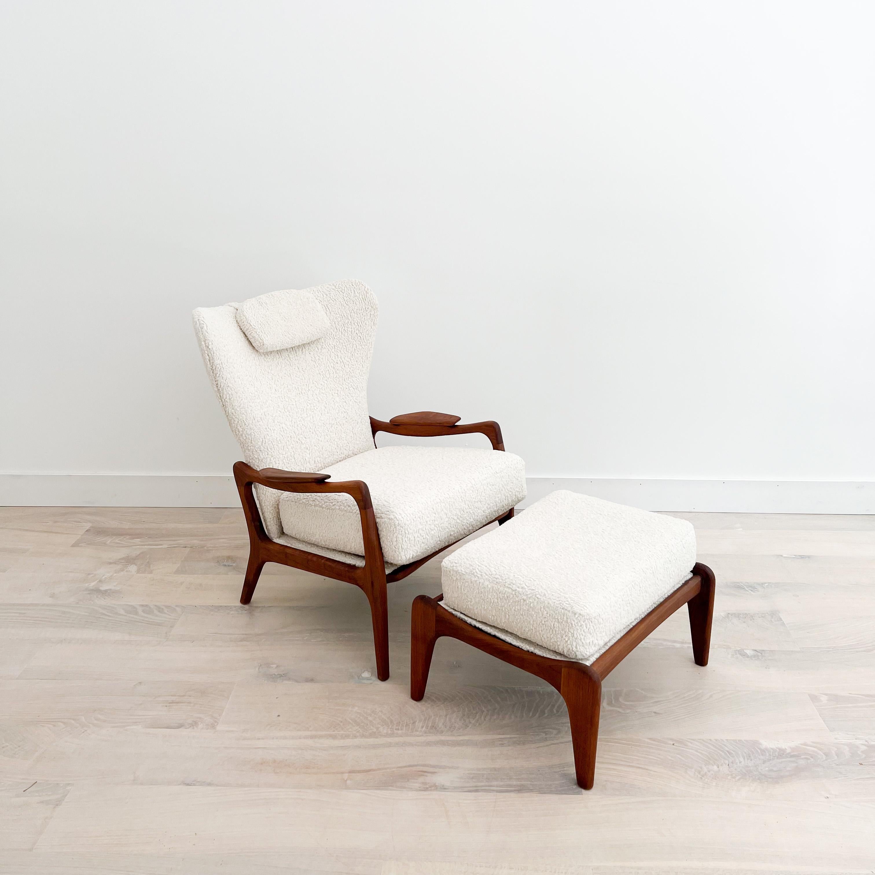 Mid century modern sculpted walnut wingback lounge chair and ottoman designed by Adrian Pearsall. All new professional nylon webbing and white shearling upholstery that is super soft to the touch. The headrest pillow can be pulled back if not