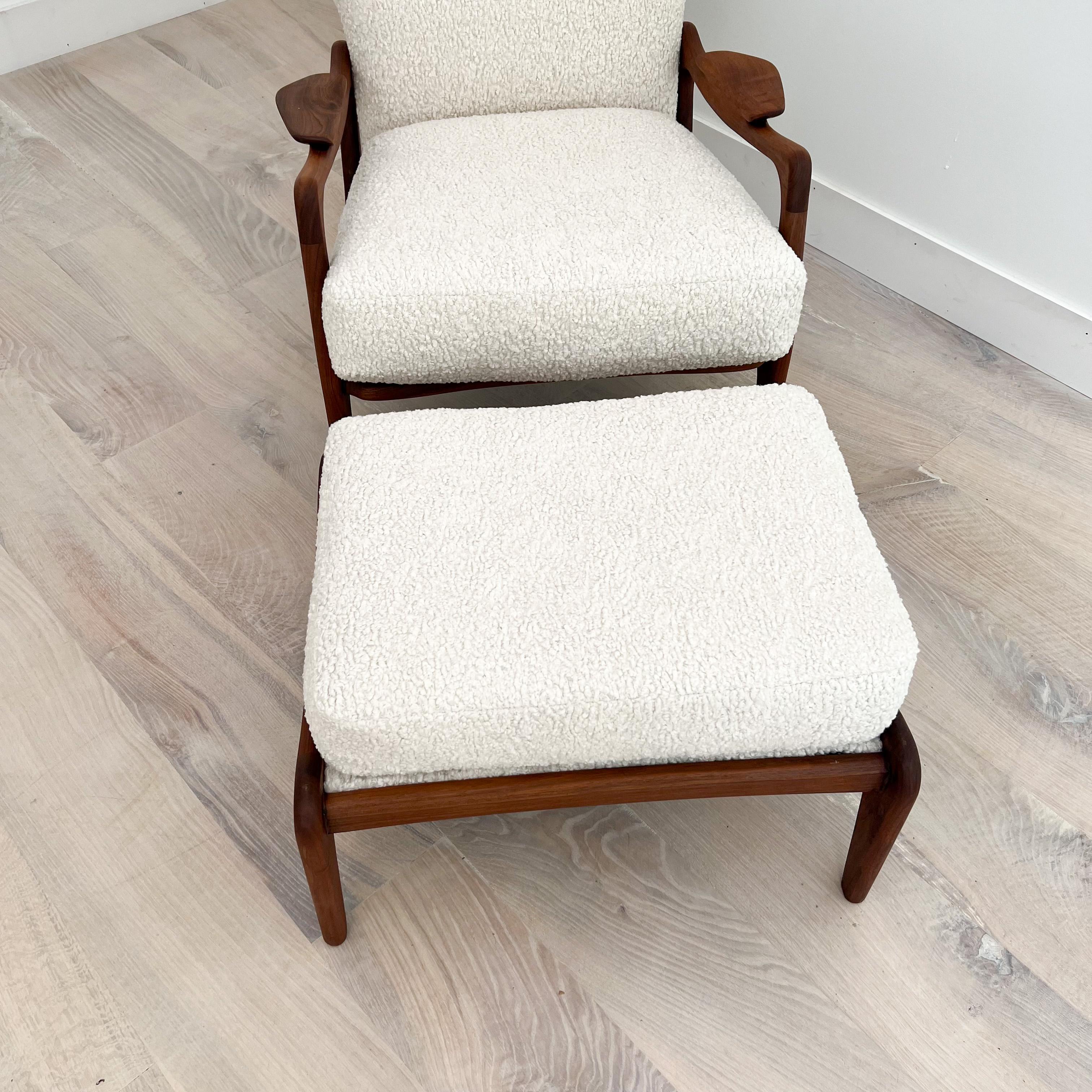 Mid-Century Modern Adrian Pearsall Wingback Lounge Chair & Ottoman, New White Shearling Upholstery