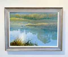 Adrian Rigby, "Acque della sera" 23x33 Paesaggio di anatre tranquille dipinto a olio