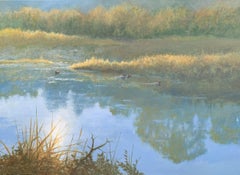 Adrian Rigby, Evening Waters, paysage de canard en Tranquil 23x33, peinture à l'huile 