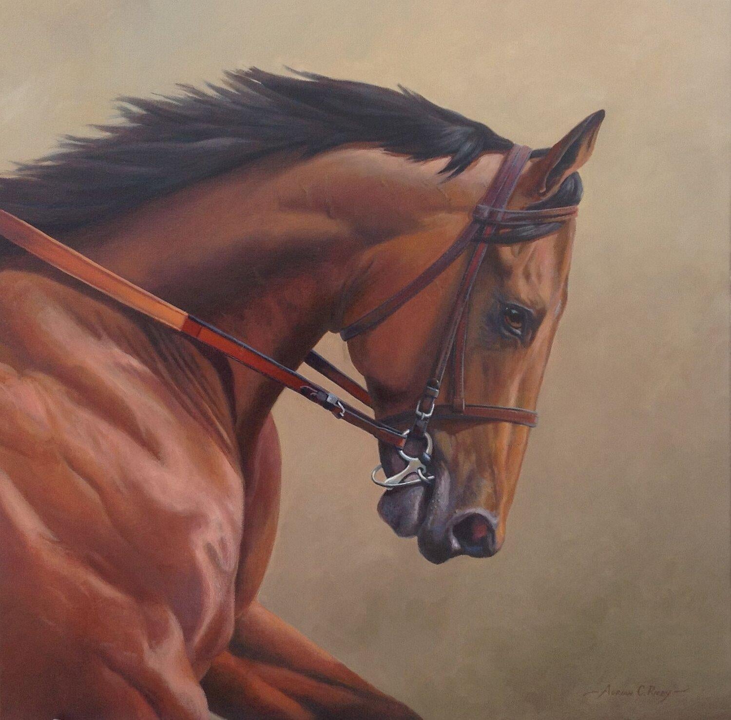 Dieses Werk, "Grace of a Champion", ist ein 24x24 großes Ölgemälde auf Leinwand des Künstlers Adrian Rigby, das ein Porträt des legendären Triple Crown-Gewinners American Pharoah zeigt.  Jedes Detail des Pferdes ist in diesem traditionellen Gemälde