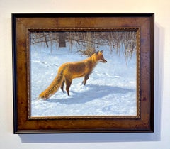 Adrian Rigby, "Tempi duri" 16x20 Volpe rossa d'inverno Paesaggio dipinto a olio su tela